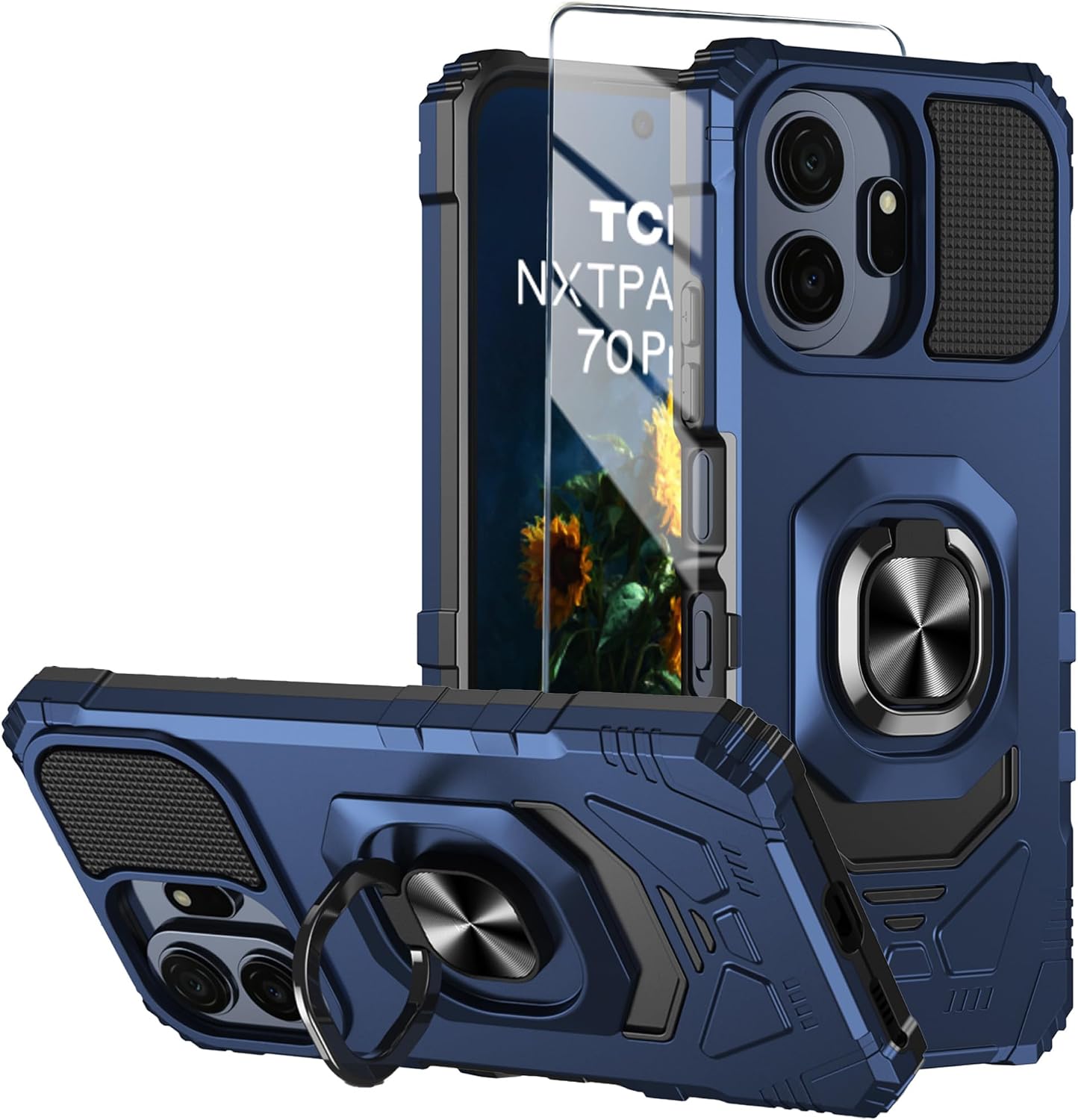 for TCL NXTPAPER 70 Pro Phone Case with Tempered Glass Screen Protector,Military Grade Heavy Duty Shockproof Protective Cover,with Ring Kickstand (Blue)
