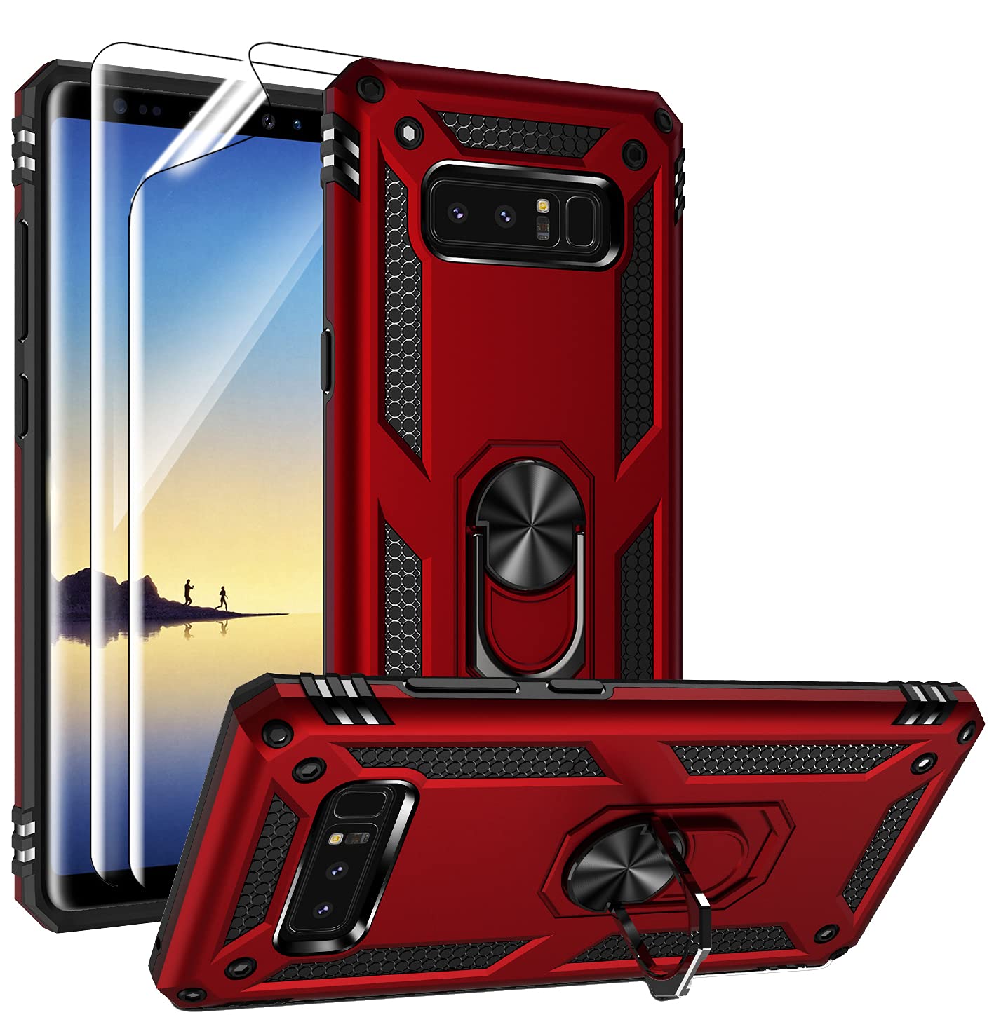 Androgate for Samsung Galaxy Note 8 Case with 3D PET Screen Protectors, Military-Grade Metal Ring Holder Kickstand 15ft Drop Tested Shockproof Cover Case for Samsung Galaxy Note 8 Black