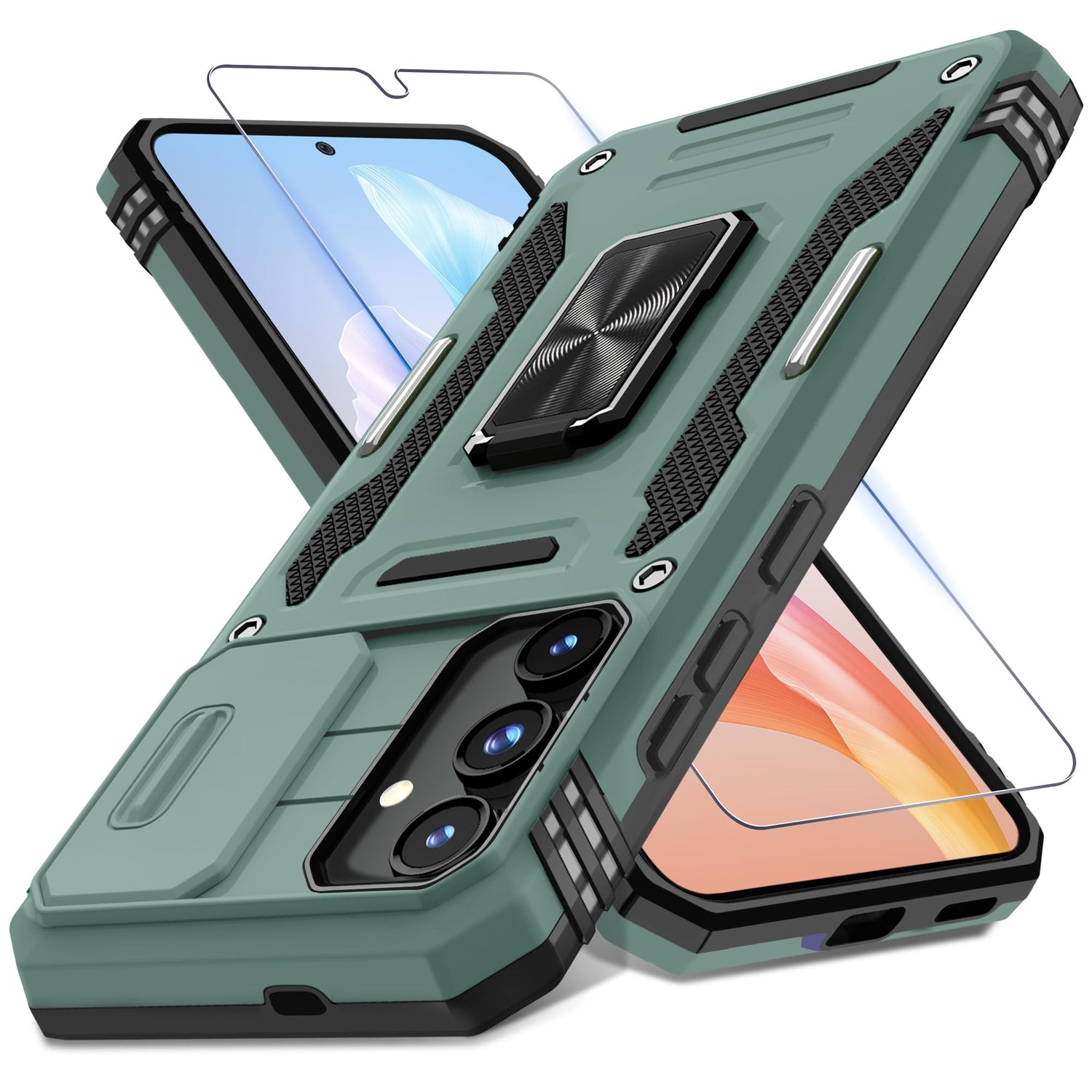 DEERLAMN Case for Samsung Galaxy S24+ Plus with Slide Camera Cover+Screen Protector (1 Pack), Rotated Ring Kickstand Military Grade Shockproof Protective Cover-Black