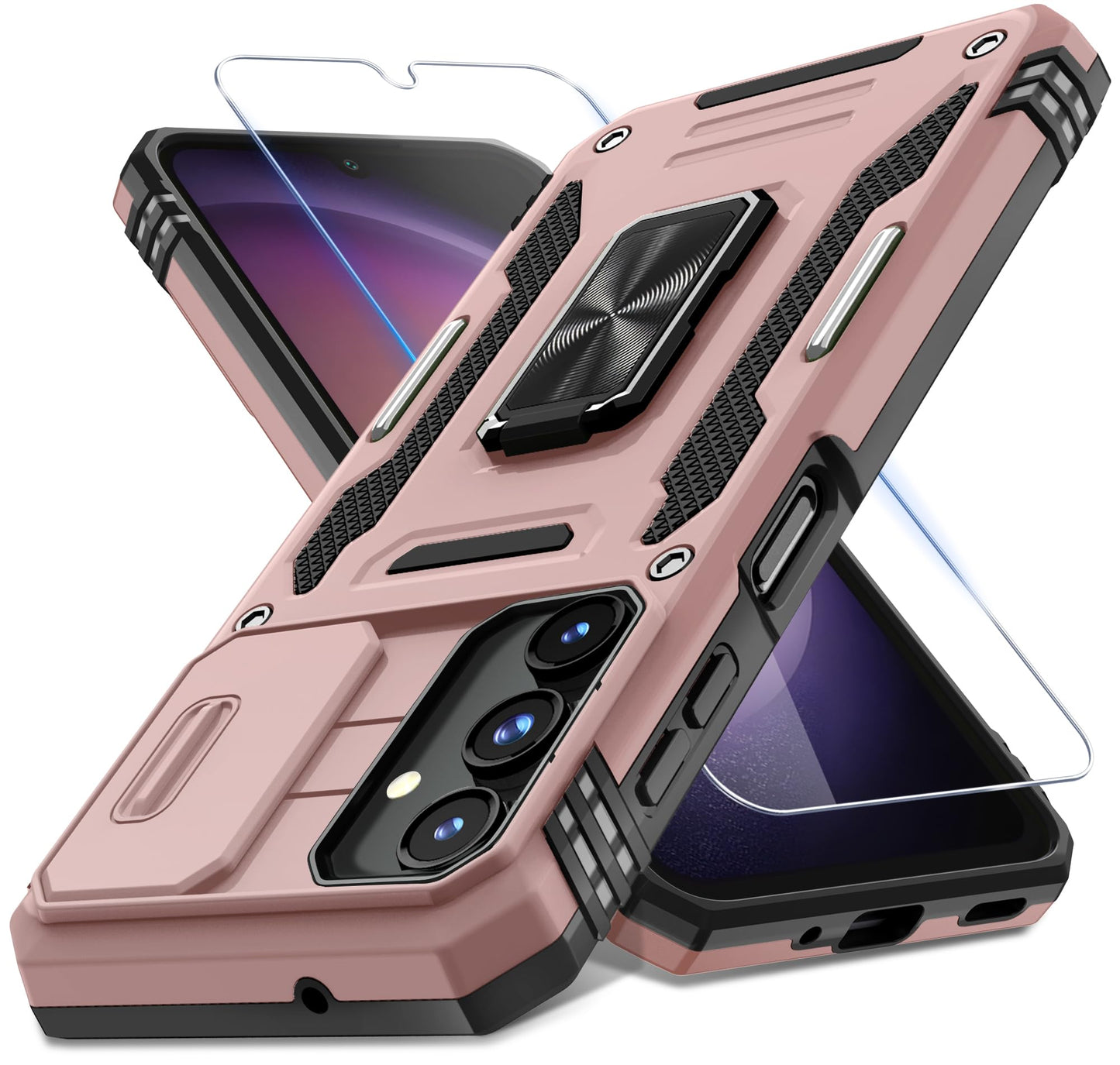DEERLAMN Case for Samsung Galaxy A17 5G with Slide Camera Cover+Screen Protector (1 Pack), Rotated Ring Kickstand Military Grade Shockproof Protective Cover-Navy Blue