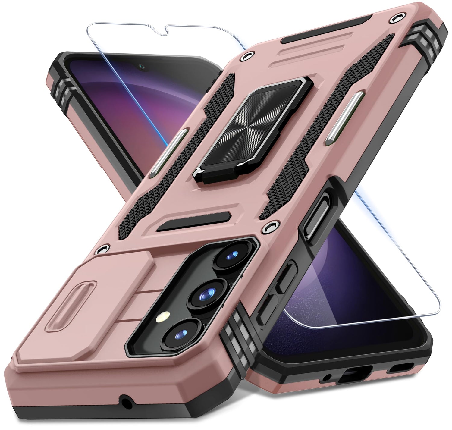 DEERLAMN Case for Samsung Galaxy A17 5G with Slide Camera Cover+Screen Protector (1 Pack), Rotated Ring Kickstand Military Grade Shockproof Protective Cover-Navy Blue