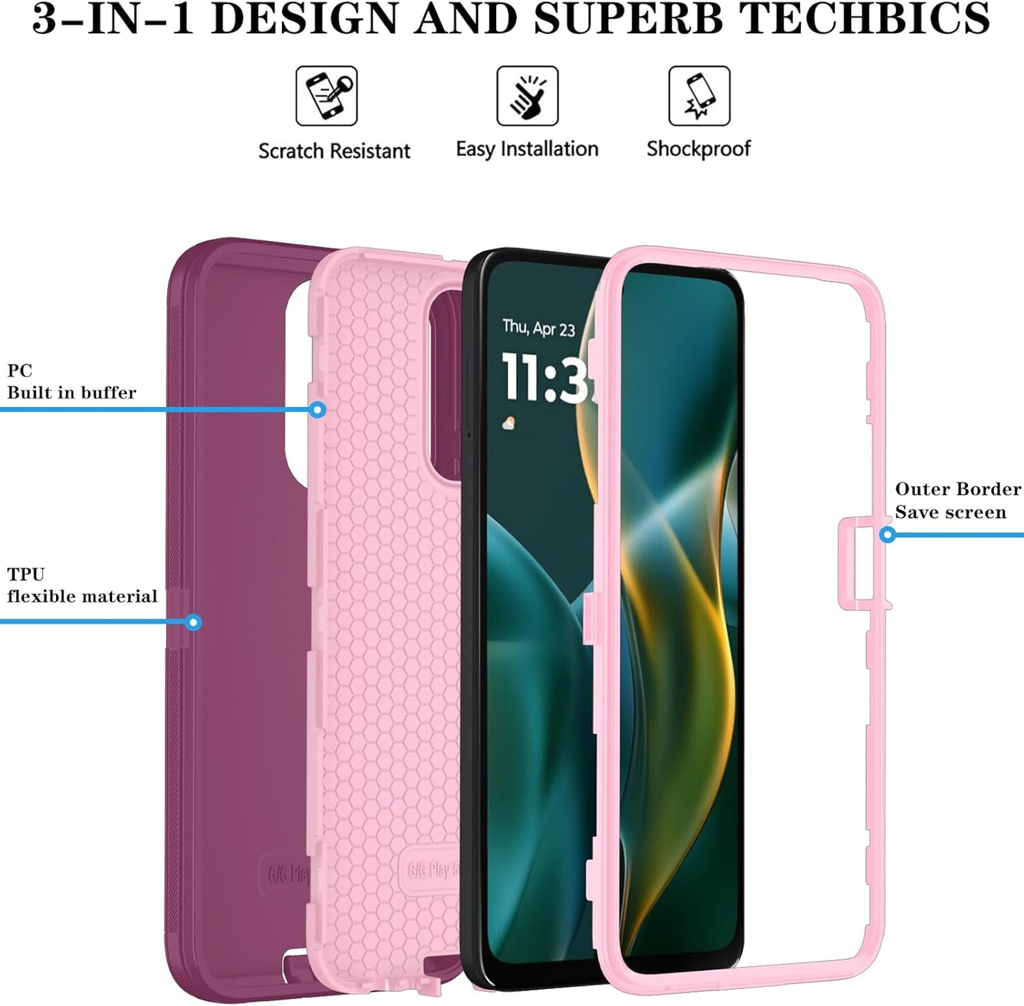 Qinmay Phone Case for Motorola Moto G 2026/Moto G Play 5G 2026 Case with HD Screen Protector, Heavy Duty Shockproof & Dropproof 3-Layer Cover Phone Case,WineRedPink