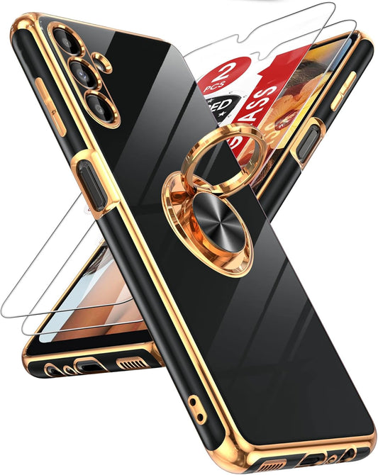 LeYi for Samsung Galaxy A13-5G Phone Case: Tempered Glass Screen Protector, 360° Rotatable Ring Holder Magnetic Kickstand, Plating Rose Gold Edge Protective Case, Black