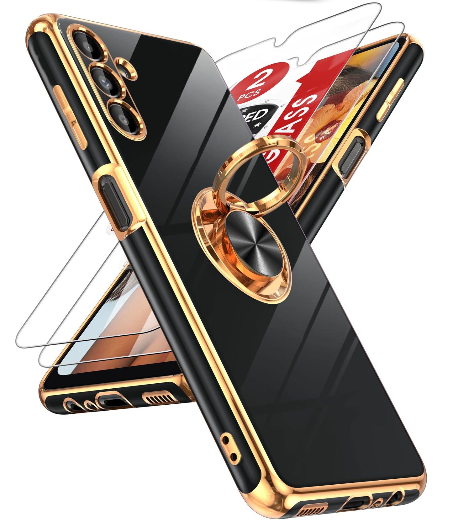LeYi for Samsung Galaxy A14 5G Case with [2 Pack] Tempered Glass Screen Protector 360° Rotatable Ring Holder Magnetic Kickstand, Plating Rose Gold Edge Protective Case, Purple