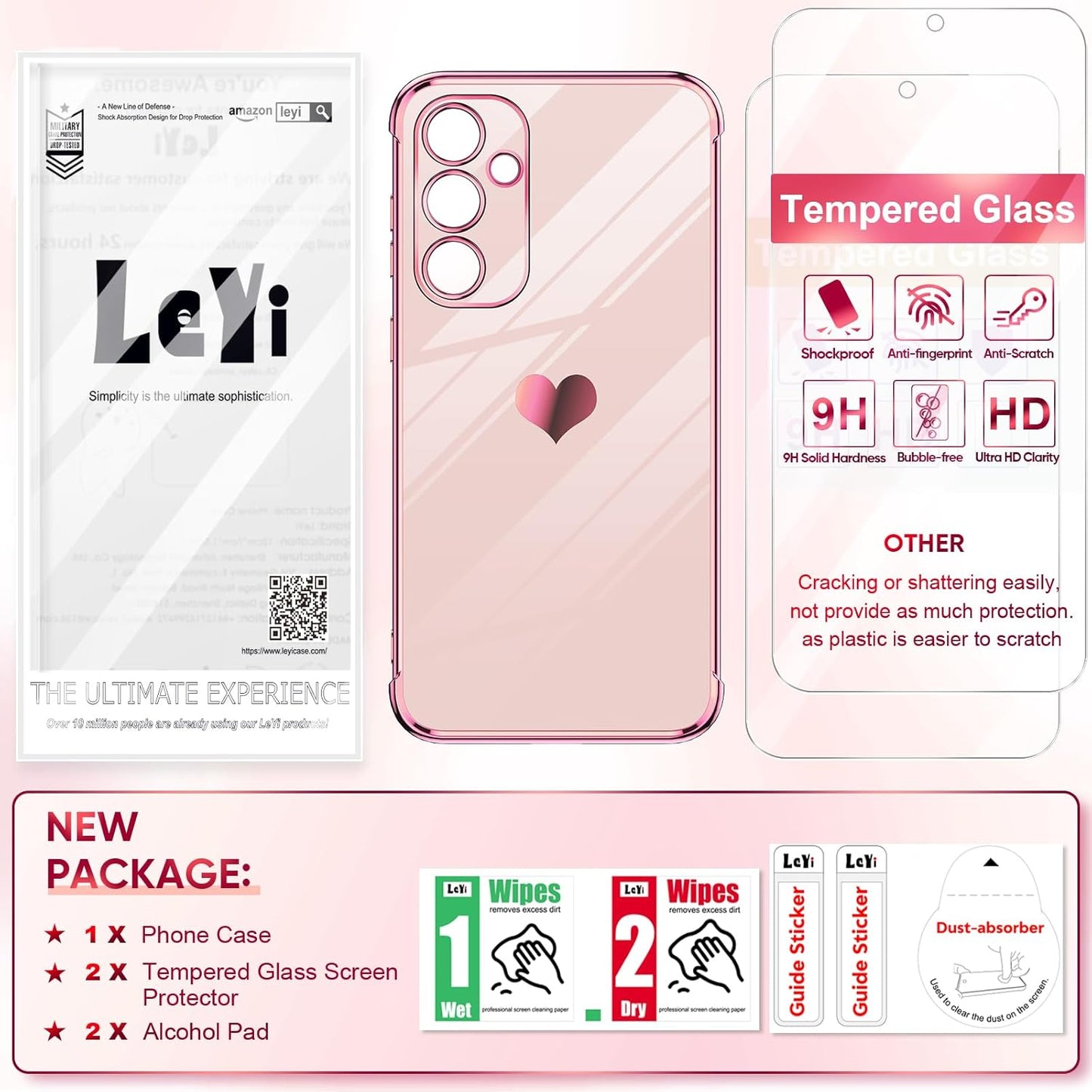 LeYi for Galaxy S23 FE Case: with Tempered Glass Screen Protector [2 Pcs]+ Full Camera Lens Protection, Love Heart Plating Women Cute Luxury Soft TPU Shockproof Case for Samsung S23FE 5G, Pink
