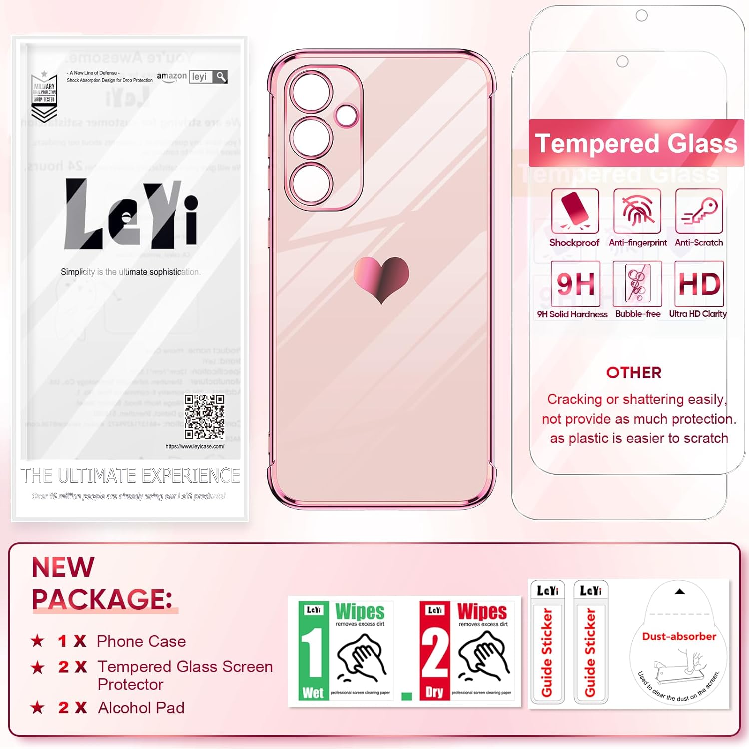 LeYi for Galaxy S23 FE Case: with Tempered Glass Screen Protector [2 Pcs]+ Full Camera Lens Protection, Love Heart Plating Women Cute Luxury Soft TPU Shockproof Case for Samsung S23FE 5G, Pink