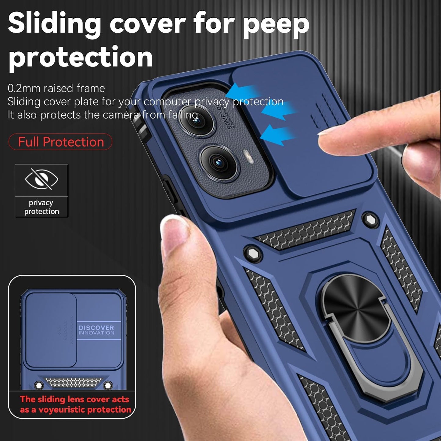 for Motorola Edge 2024 Case with Camera Lens Cover Screen Protector, Dual Layer Military-Grade Drop Tested Magnetic Ring Holder Kickstand Protective Phone Case for Motorola Moto Edge 2024 (Navy Blue)