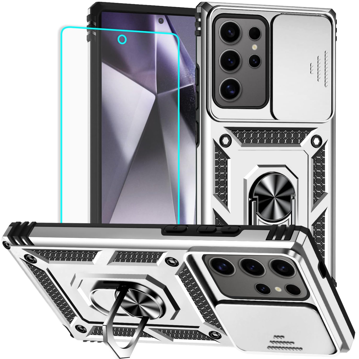 HNHYGETE for Samsung Galaxy S24 Ultra Case with Screen Protector: [Military Grade 20ft. Drop Tested] Slide Camera Cover Ring Shockproof Protective Phone Case for - Galaxy S24 Ultra (Black)