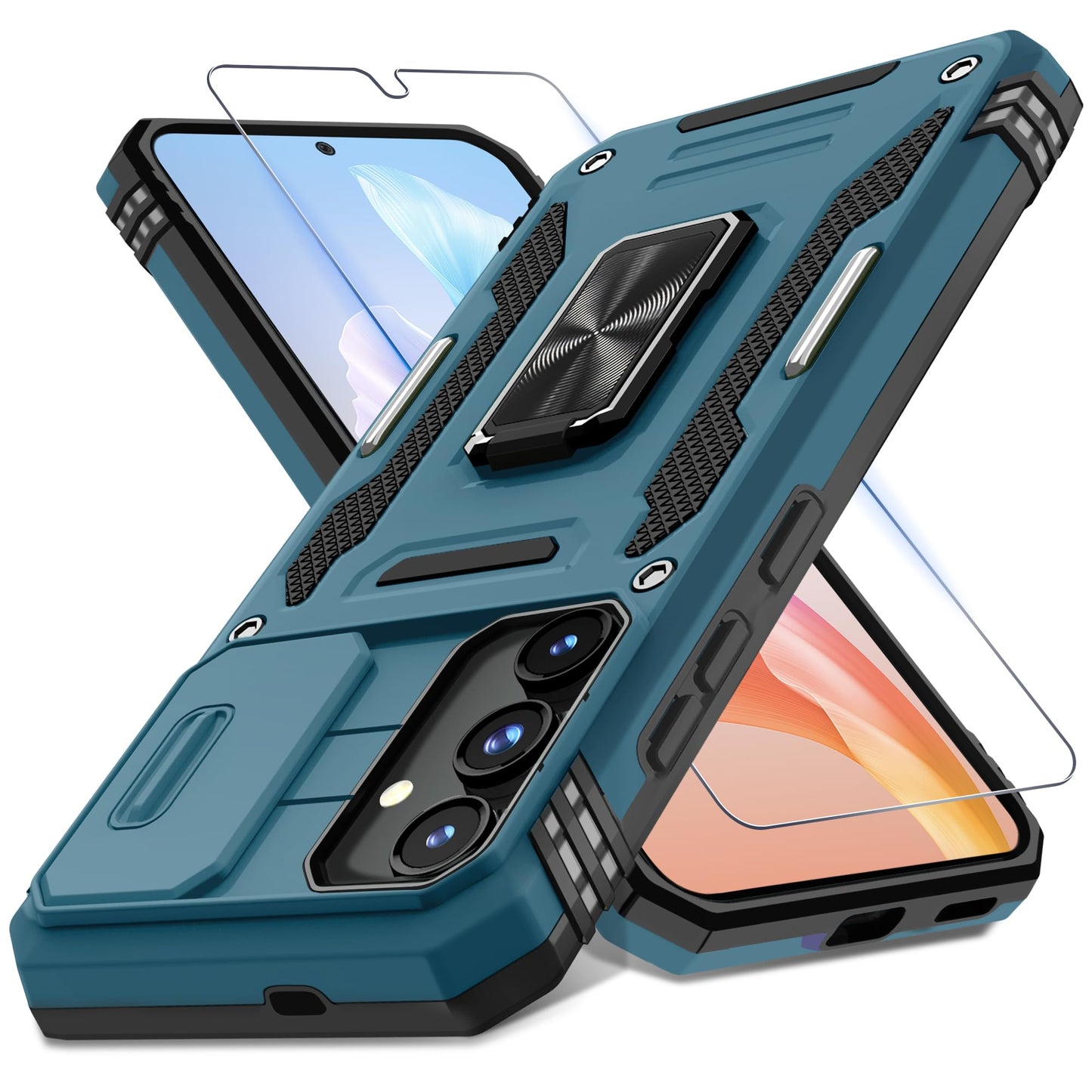 DEERLAMN Case for Samsung Galaxy S24+ Plus with Slide Camera Cover+Screen Protector (1 Pack), Rotated Ring Kickstand Military Grade Shockproof Protective Cover-Black