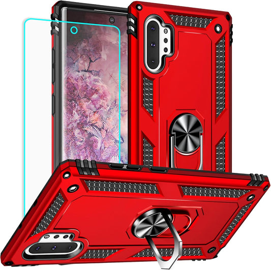 for Samsung Galaxy Note 10 Plus Case with Screen Protector:[Military Grade Drop Tested] Ring Holder Kickstand Shockproof Anti-Slip Protective Phone Case for Note 10 Plus 6.8- Red