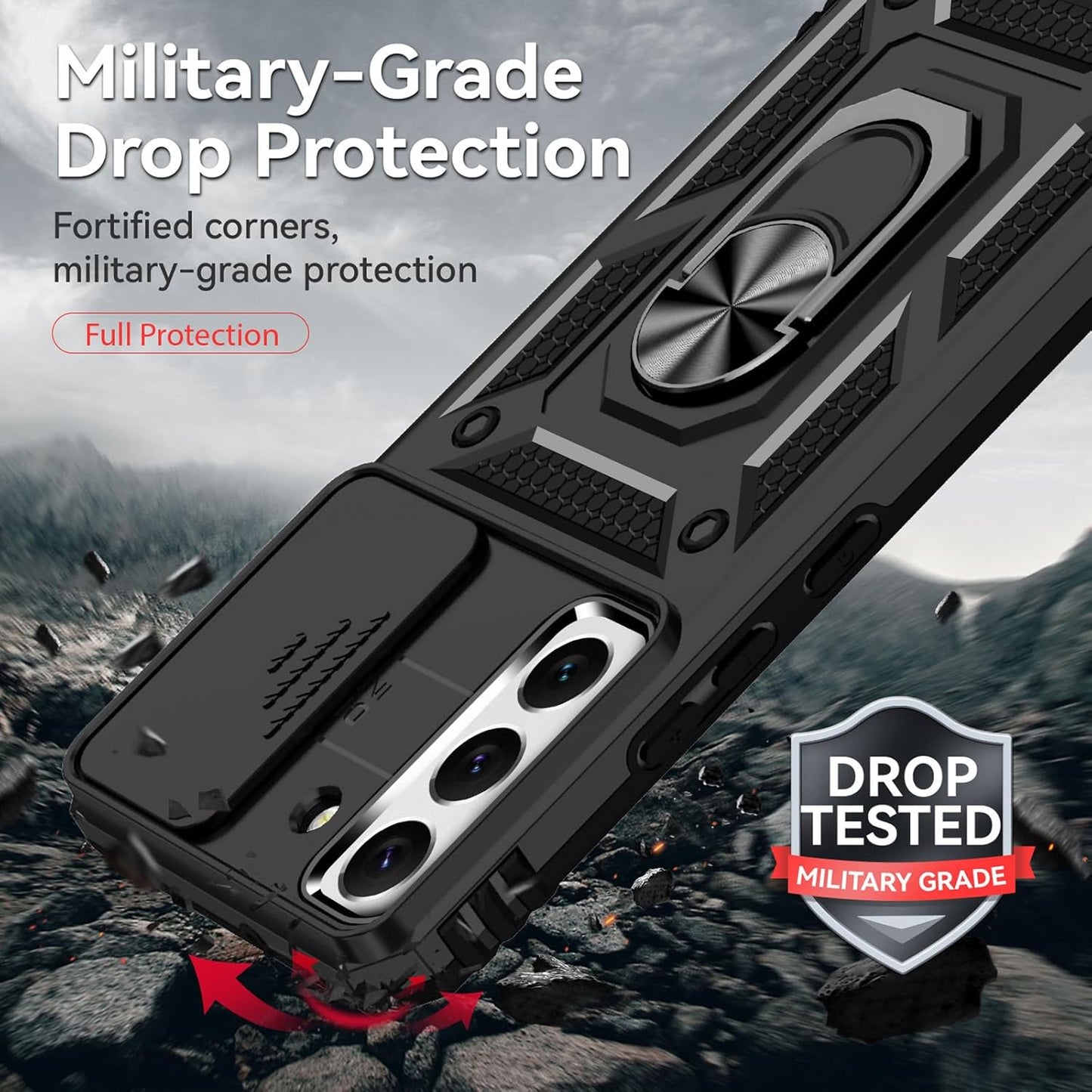 HNHYGETE for Galaxy S22 Case with Screen Protector: [Military Grade 20ft. Drop Tested] Slide Camera Cover Ring Shockproof Protective Phone Case for - Samsung Galaxy S22 (Black)