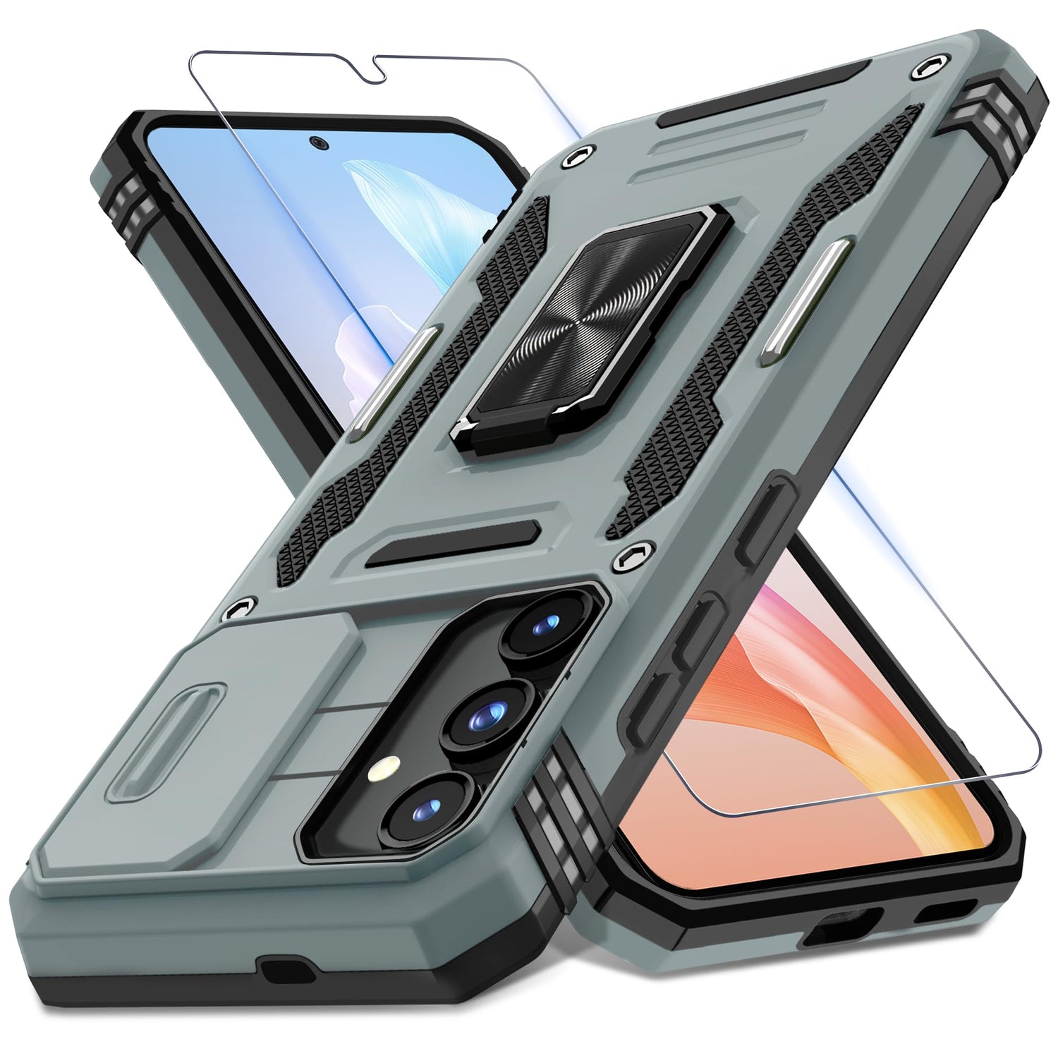 DEERLAMN Case for Samsung Galaxy S24 6.2-Inch with Slide Camera Cover+Screen Protector(1 Pack), Rotated Ring Kickstand Military Grade Shockproof Protective Cover-Black