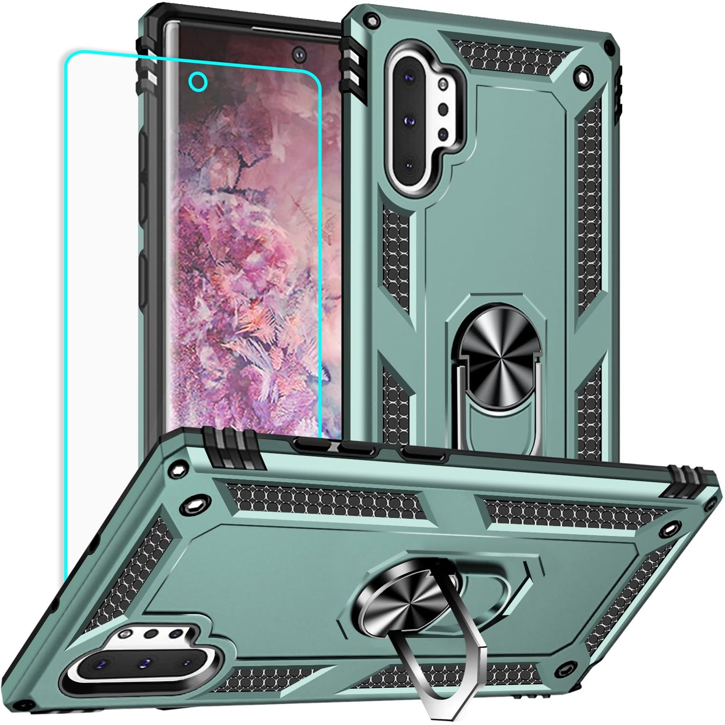 for Samsung Galaxy Note 10 Plus Case with Screen Protector:[Military Grade Drop Tested] Ring Holder Kickstand Shockproof Anti-Slip Protective Phone Case for Note 10 Plus 6.8- Red