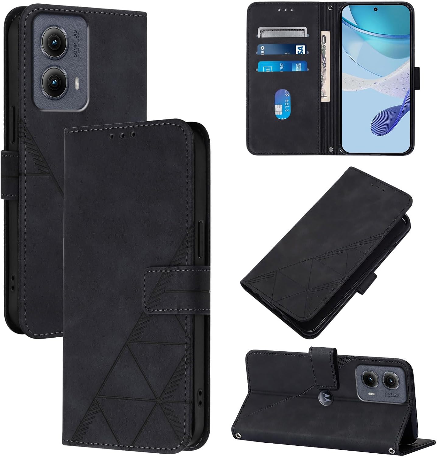 Flip Case for Moto Edge 2024 5G Faux Leather Wallet Holster with Cards Holder Kickstand Magnetic Closure Shockproof Folio Protect Cover for Motorola Edge (2024). Black YBS