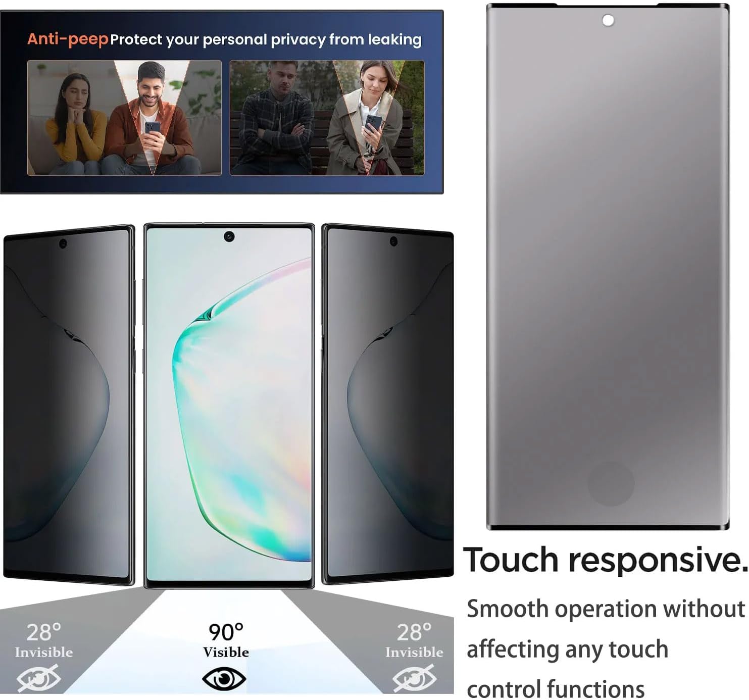 3 Pack Privacy Screen Protector for Samsung Galaxy Note 10, 9H Hardness [Anti-Scratch] Anti-Spy Tempered Glass Film for Samsung Galaxy Note 10 [Support Fingerprint Unlock]
