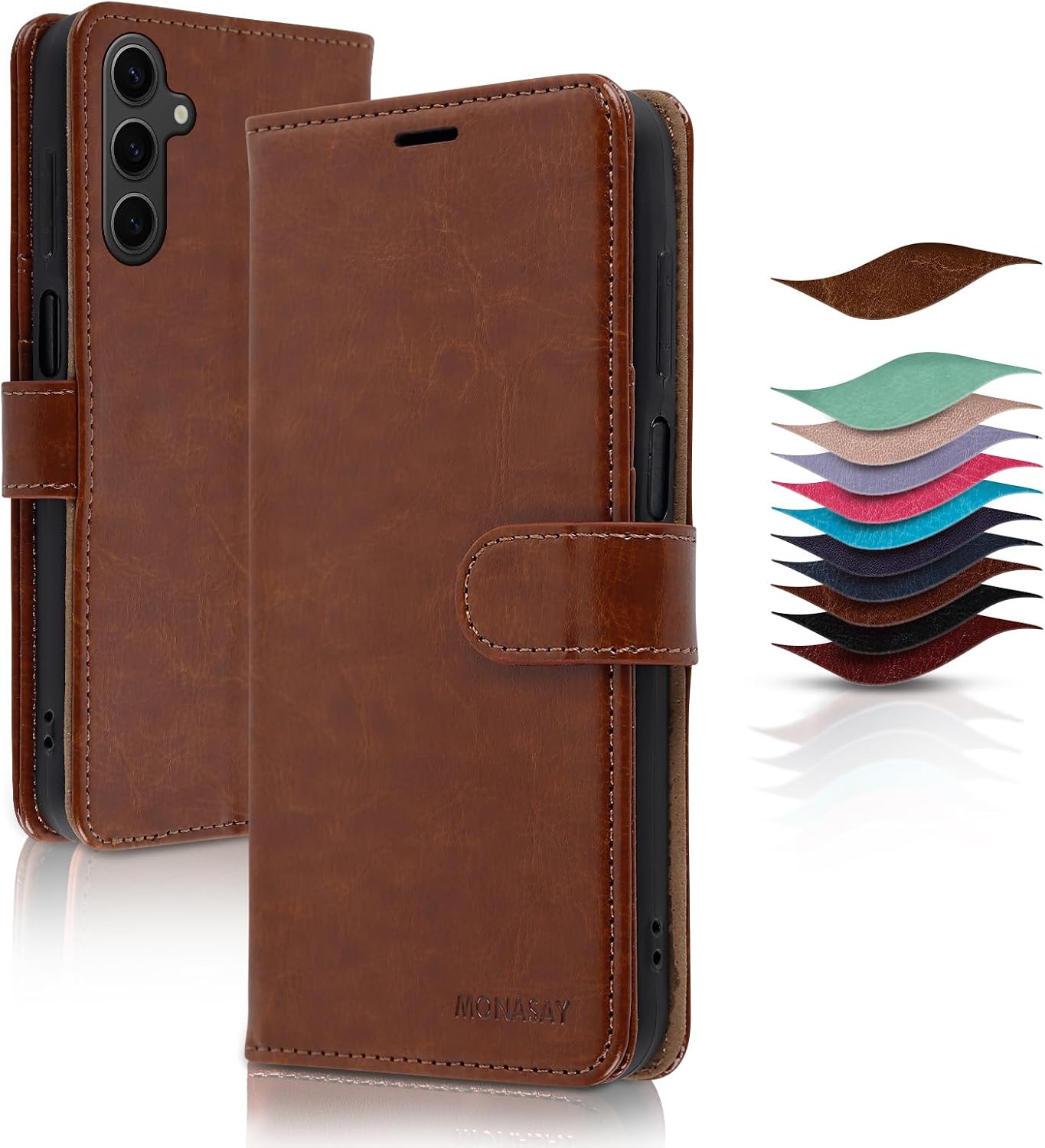 MONASAY Wallet Case Compatible for Samsung Galaxy A25 5G, [Included Glass Screen Protector][RFID Blocking] Flip Folio Leather Cell Phone Cover with Credit Card Holder, Brown