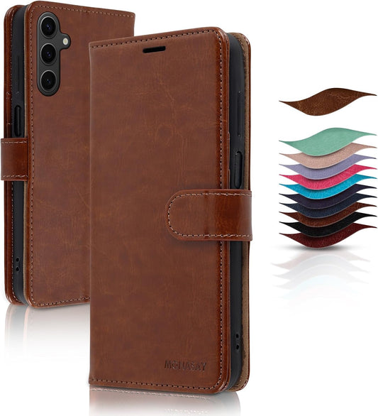 MONASAY Wallet Case Compatible for Samsung Galaxy A25 5G, [Included Glass Screen Protector][RFID Blocking] Flip Folio Leather Cell Phone Cover with Credit Card Holder, Brown