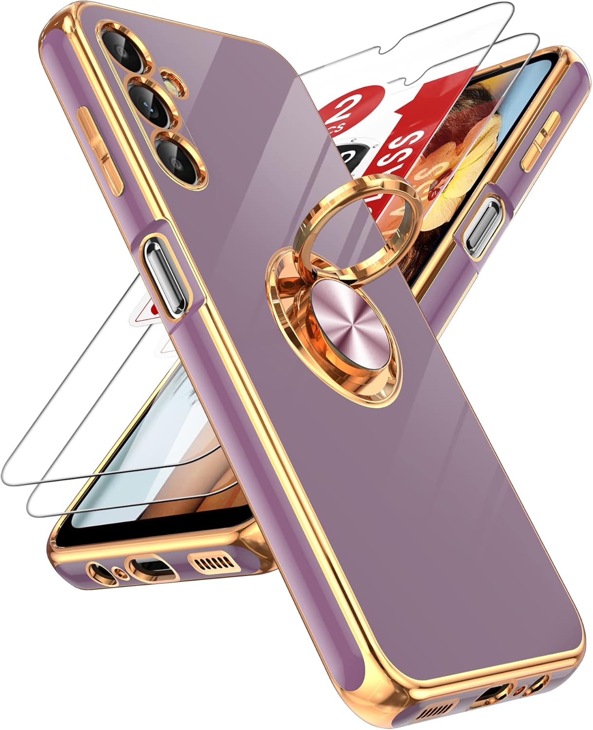 LeYi for Samsung Galaxy A14 5G Case with [2 Pack] Tempered Glass Screen Protector 360° Rotatable Ring Holder Magnetic Kickstand, Plating Rose Gold Edge Protective Case, Purple