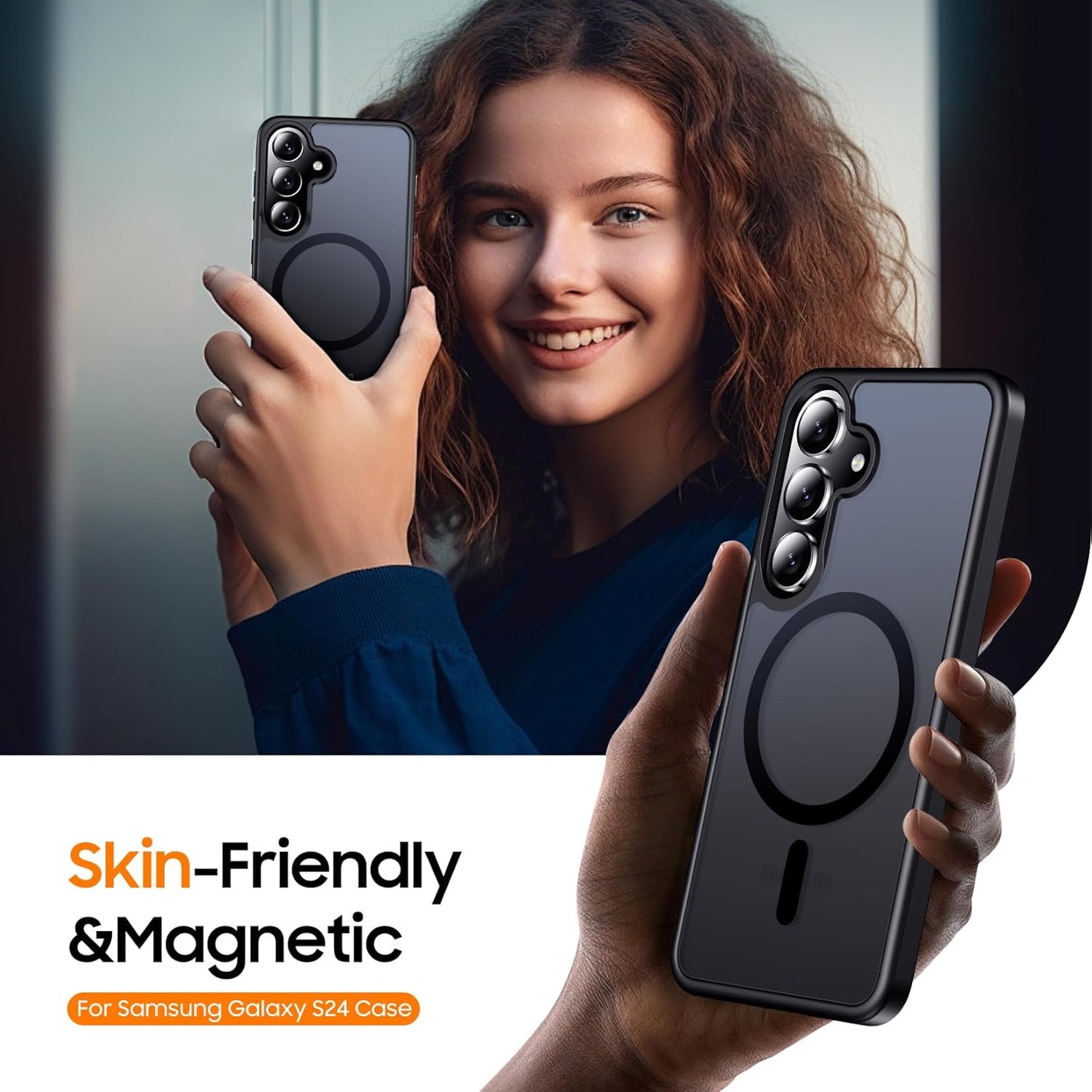 Designed for Magnetic Samsung Galaxy S24 Case,[Compatible with MagSafe] [Military Grade Drop Protection] Slim Translucent Matte Shockproof with Anti-Fingerprint Phone Case-Black