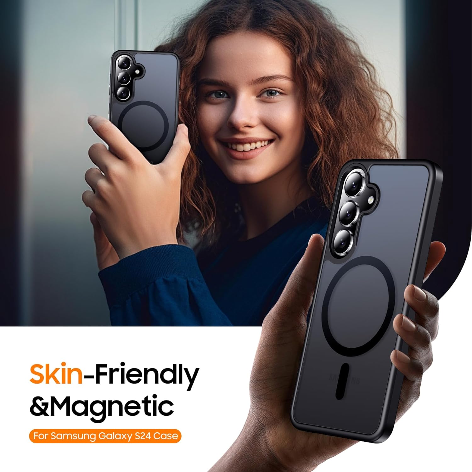 Designed for Magnetic Samsung Galaxy S24 Case,[Compatible with MagSafe] [Military Grade Drop Protection] Slim Translucent Matte Shockproof with Anti-Fingerprint Phone Case-Black