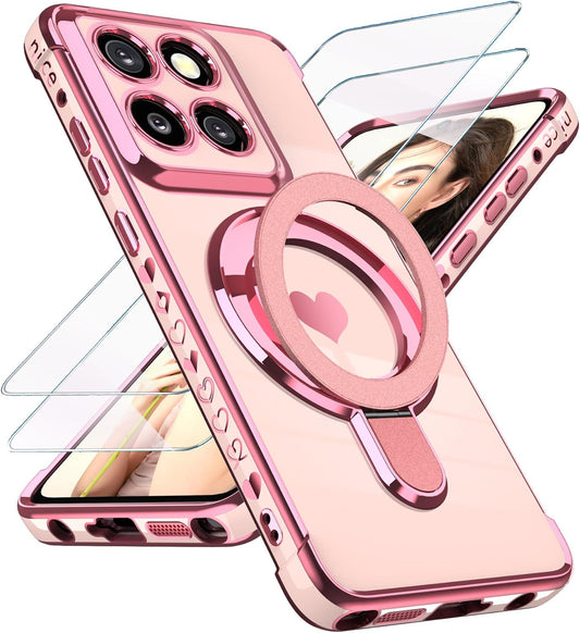 for Motorola Moto G Stylus 5G 2025/2026 Phone Case with Screen Protector,Cute Love Heart,Ring Metal Kickstand,Plated Gold Edge Soft TPU Protection Cover for Moto G Stylus 2025/2026 (Pink)