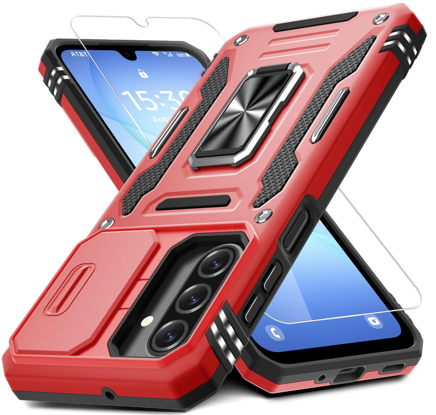 DEERLAMN Case for Samsung Galaxy A17 5G with Slide Camera Cover+Screen Protector (1 Pack), Rotated Ring Kickstand Military Grade Shockproof Protective Cover-Navy Blue