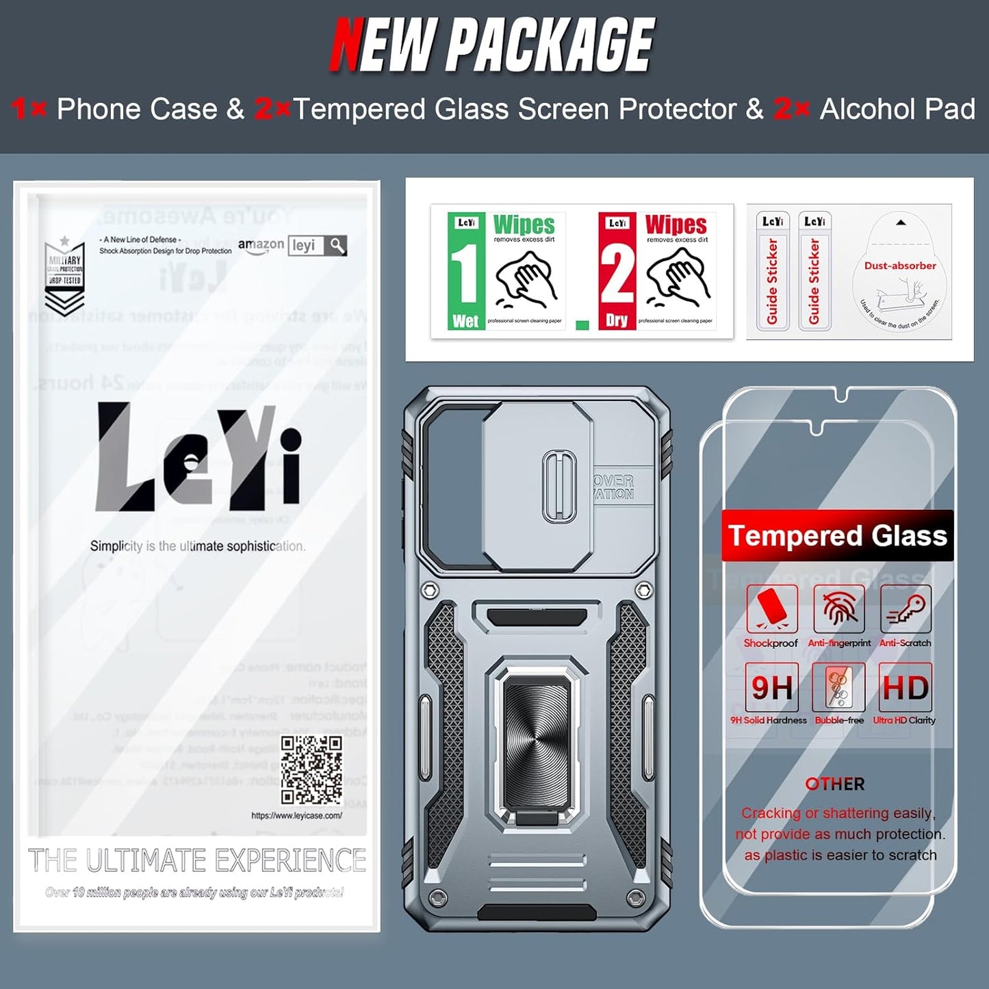 LeYi Compatible for Samsung Phone Case Galaxy A16 5G : A16 5G Screen Protector [2 Packs] & Magnetic Kickstand, Dual Layer Cell Protective para Mobile Smart Teléfono Galaxy A16 5G Phone Case Cute, Grey