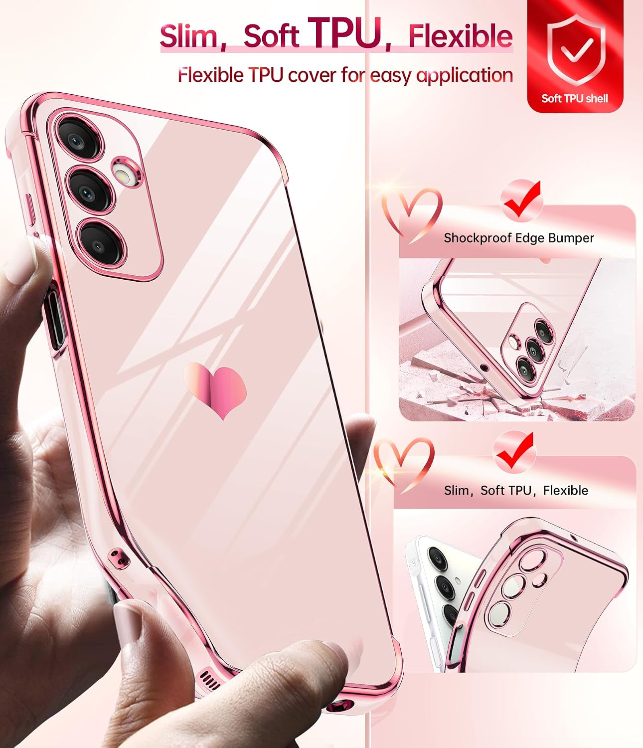 LeYi for Samsung Galaxy A25-5G Phone Case: with Tempered Glass Screen Protector [2 Pcs]+ Full Camera Lens Protection, Love Heart Plating Women Luxury Soft TPU Shockproof Case for Samsung A25 5G, Pink