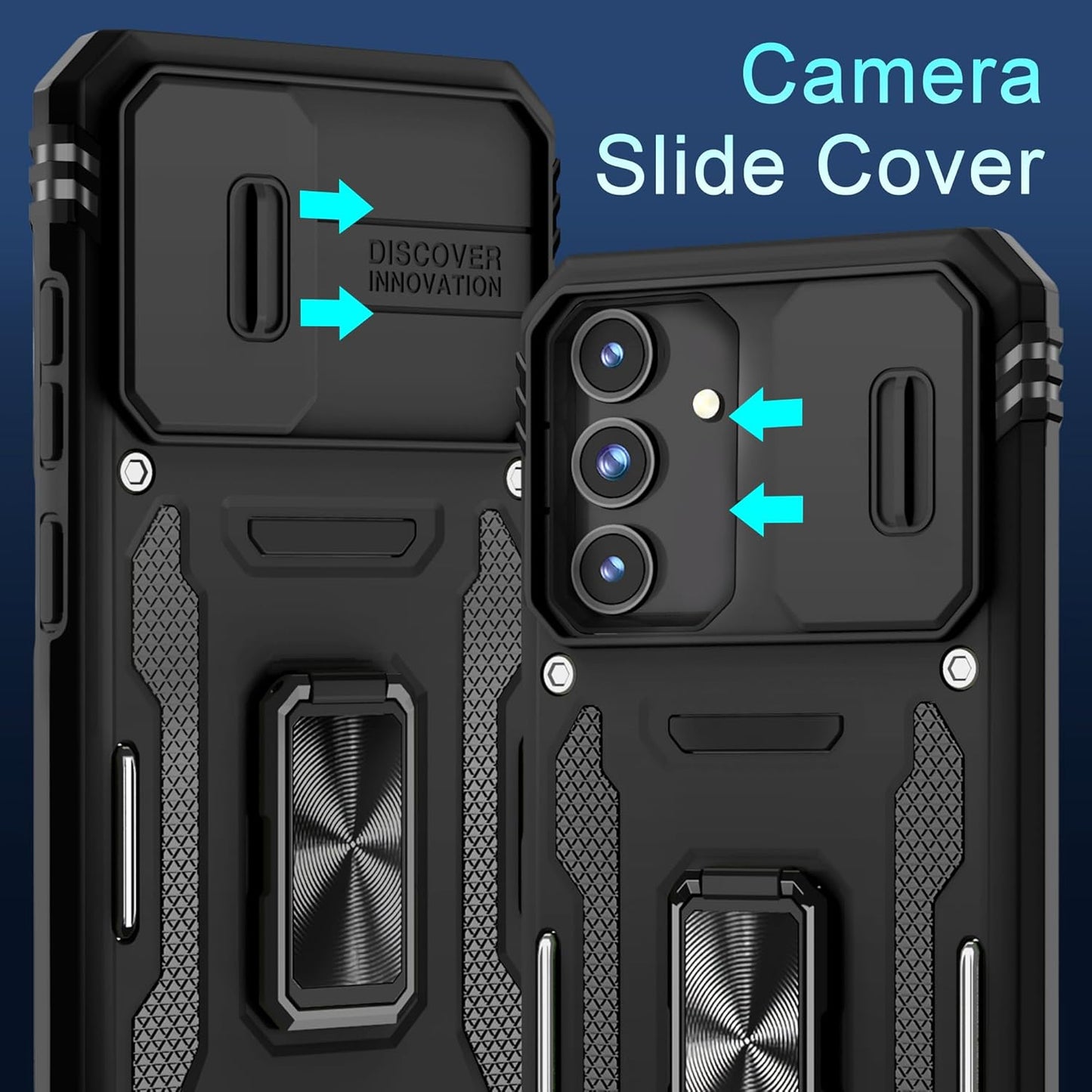 DEERLAMN Case for Samsung Galaxy S24 6.2-Inch with Slide Camera Cover+Screen Protector(1 Pack), Rotated Ring Kickstand Military Grade Shockproof Protective Cover-Black