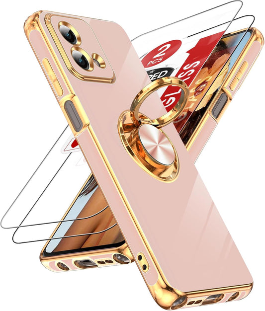 LeYi for Moto G Stylus 5G 2023 Phone Case: with Tempered Glass Screen Protector [2 Pack] 360° Rotatable Ring Holder Magnetic Kickstand, Plating Rose Gold Edge Motorola G Stylus 5G 2023 Case, Pink