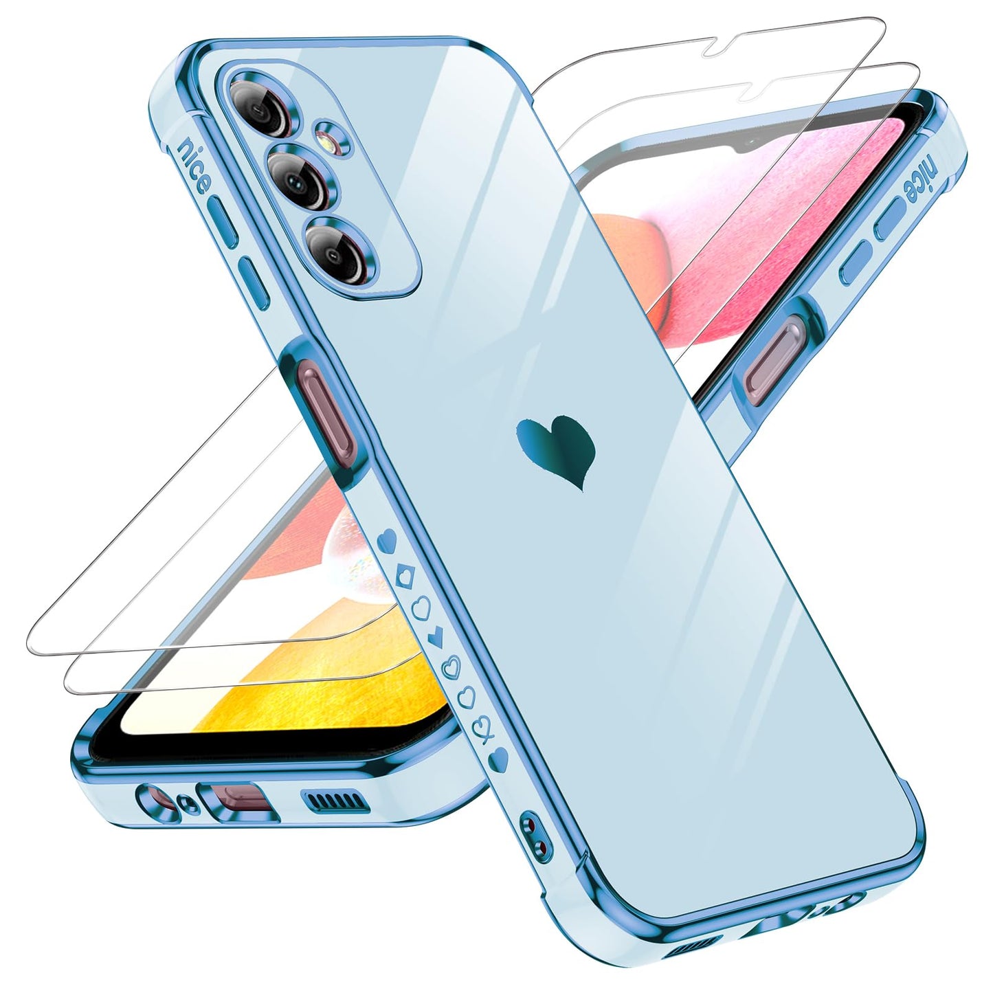 LeYi for Galaxy A16-5G Phone Case: Tempered Glass Screen Protector [2 Pcs]+ Full Camera Lens Protection,Love Heart Plating Luxury Shockproof Phone Case para Samsung A 16 5G Cute,Pink
