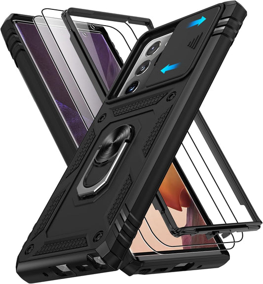 for Samsung Galaxy Note 20 Ultra Case with Screen Protector*2, Note 20 Ultra Phone Case Build in 360° Rotating Ring Kickstand, Military Grade Protective Cover for Note 20 Ultra Phone Black