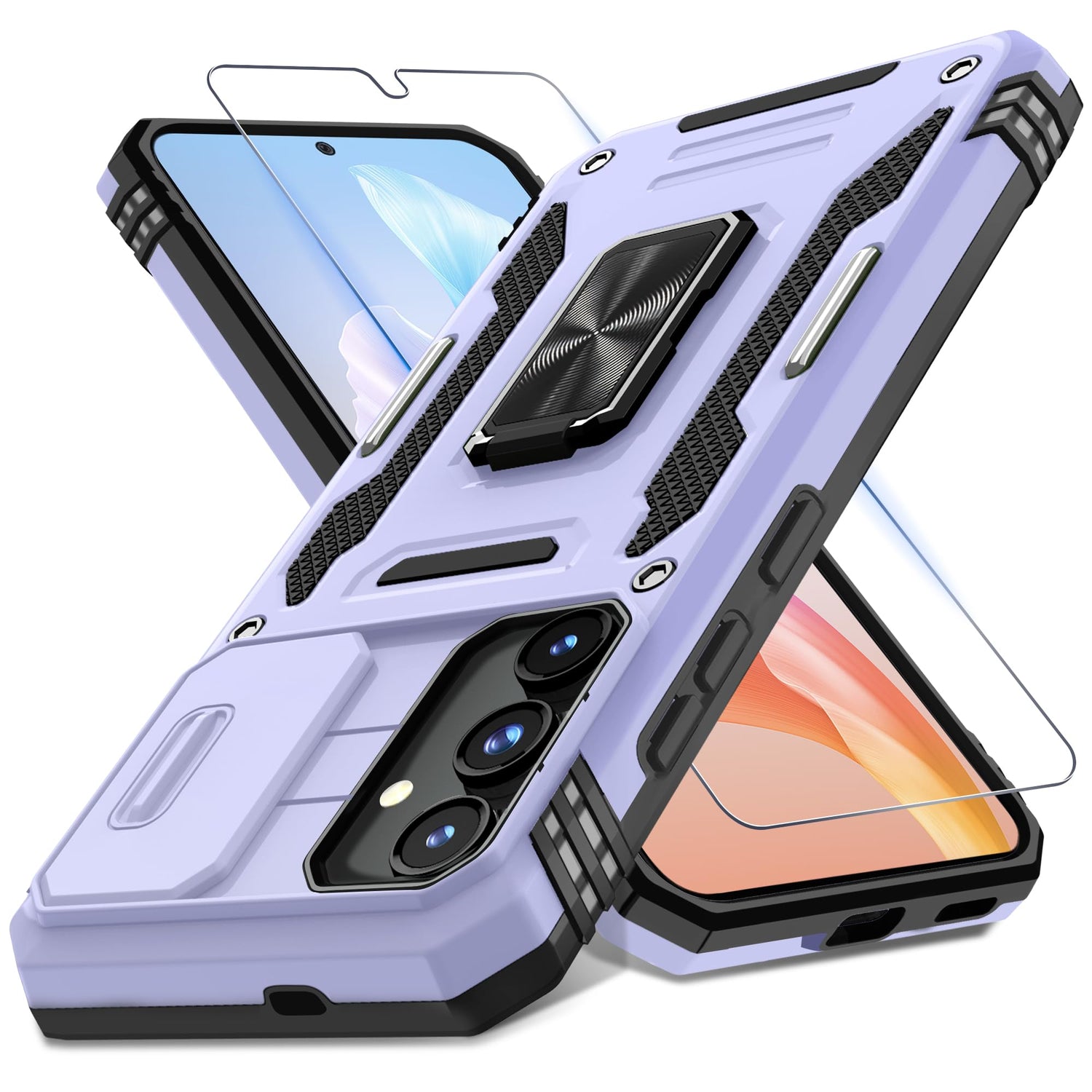 DEERLAMN Case for Samsung Galaxy S24+ Plus with Slide Camera Cover+Screen Protector (1 Pack), Rotated Ring Kickstand Military Grade Shockproof Protective Cover-Black