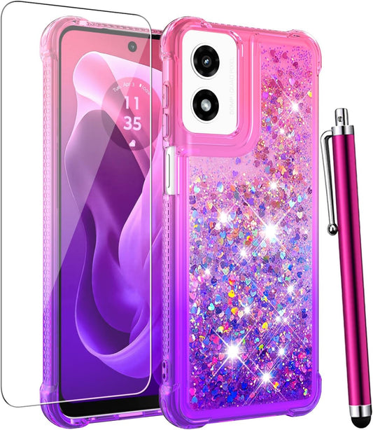 for Moto G Play 2024 Case with Screen Protector, Cute Women Girls Glitter Bling Liquid Floating Phone Case Slim TPU Soft Silicone Shockproof Girly Cover for Motorola G Play 2024 -Pink Purple