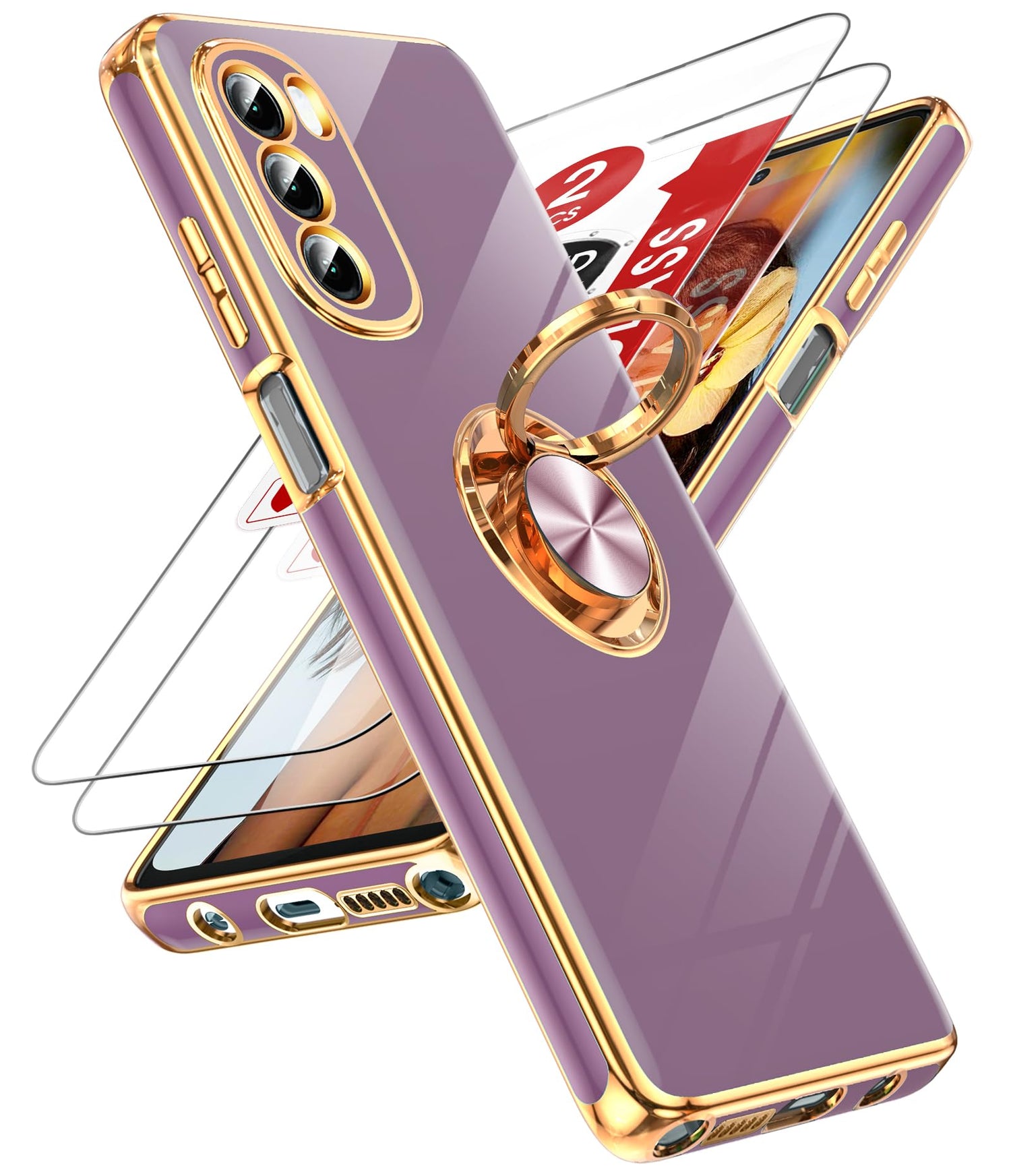 LeYi for Moto G Stylus 5G 2022 Case: with Tempered Glass Screen Protector [2 Pack] 360° Rotatable Ring Holder Magnetic Kickstand, Plating Rose Gold Edge for Motorola G Stylus 5G 2022 Case, Black