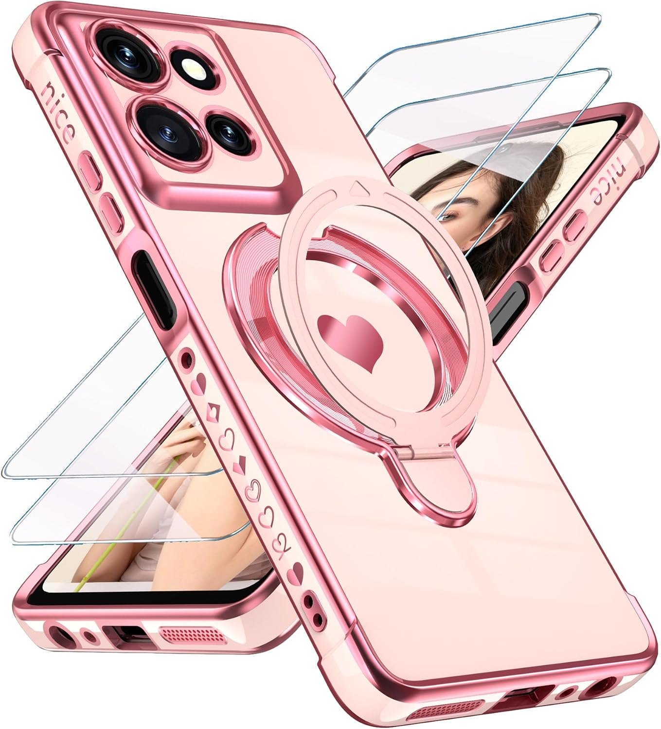 for Motorola Moto G Power 5G 2025/2026 Phone Case with Screen Protector,Cute Love Heart,Ring Metal Kickstand,Plated Gold Edge Soft TPU Protection Cover for Moto G Power 2025/2026 (Pink)