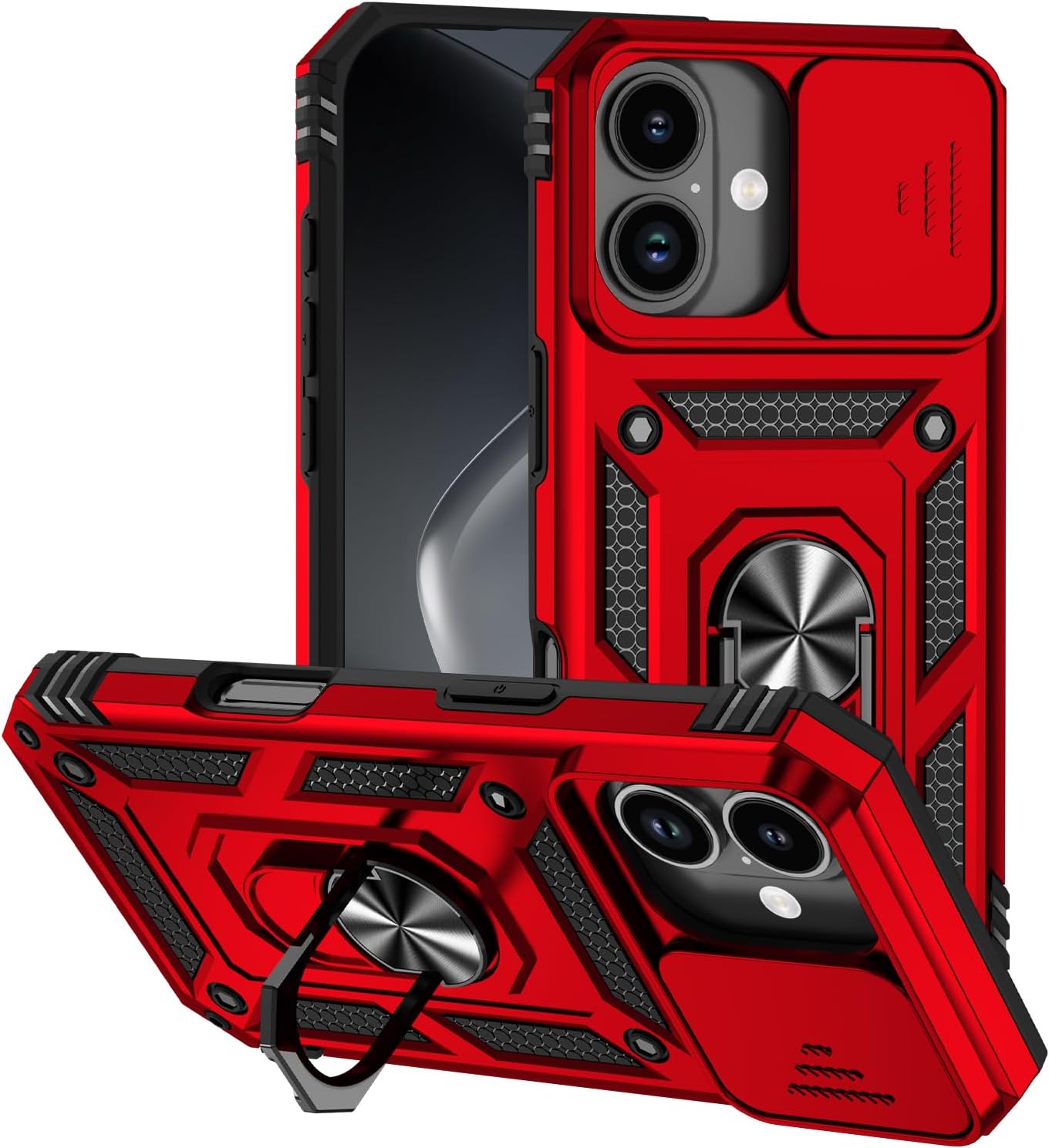 SunStory Compatible with iPhone 17 Case with HD Screen Protector & Slide Camera Cover & Rotated Ring Kickstand, [Military-Grade] iPhone Case for iPhone 17,Red