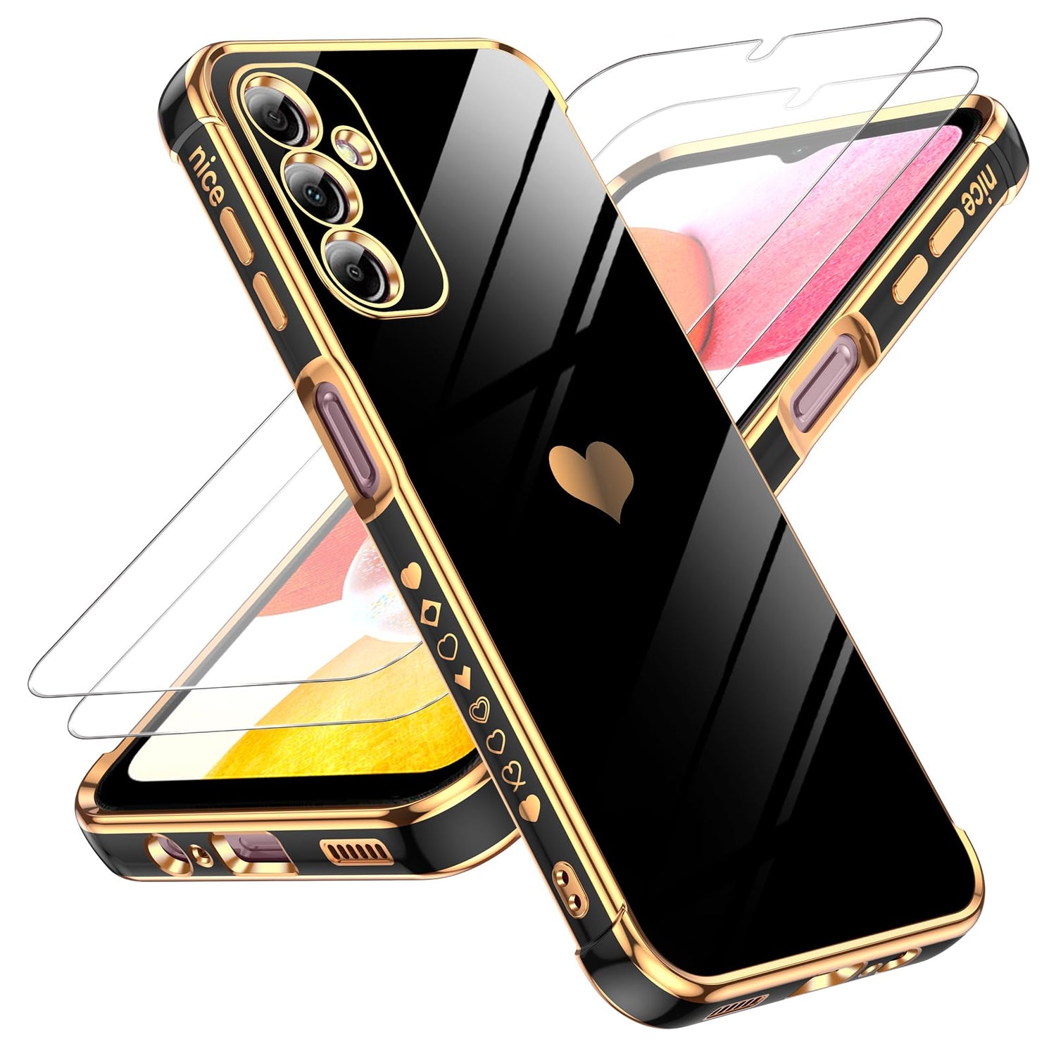 LeYi for Galaxy A16-5G Phone Case: Tempered Glass Screen Protector [2 Pcs]+ Full Camera Lens Protection,Love Heart Plating Luxury Shockproof Phone Case para Samsung A 16 5G Cute,Pink