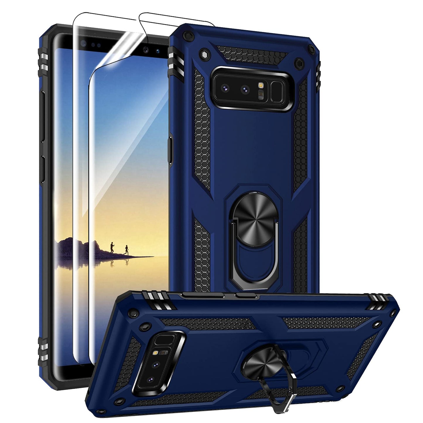 Androgate for Samsung Galaxy Note 8 Case with 3D PET Screen Protectors, Military-Grade Metal Ring Holder Kickstand 15ft Drop Tested Shockproof Cover Case for Samsung Galaxy Note 8 Black
