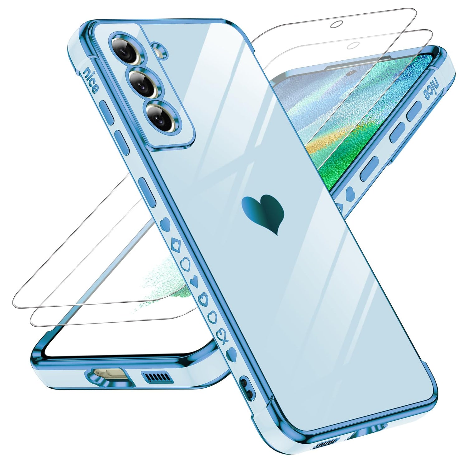 LeYi for Galaxy S23 FE Case: with Tempered Glass Screen Protector [2 Pcs]+ Full Camera Lens Protection, Love Heart Plating Women Cute Luxury Soft TPU Shockproof Case for Samsung S23FE 5G, Pink