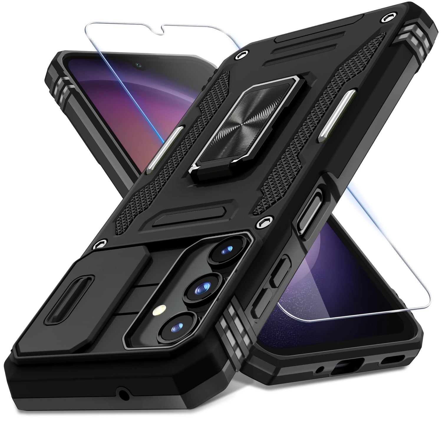 DEERLAMN Case for Samsung Galaxy A17 5G with Slide Camera Cover+Screen Protector (1 Pack), Rotated Ring Kickstand Military Grade Shockproof Protective Cover-Navy Blue