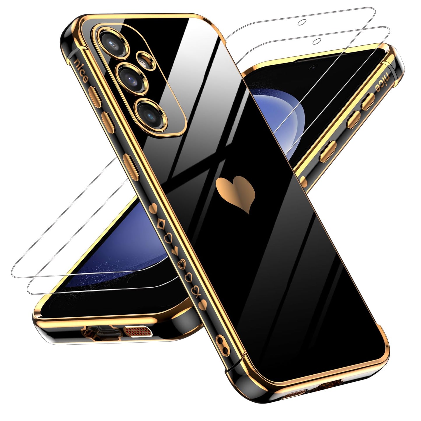 LeYi for Galaxy S23 FE Case: with Tempered Glass Screen Protector [2 Pcs]+ Full Camera Lens Protection, Love Heart Plating Women Cute Luxury Soft TPU Shockproof Case for Samsung S23FE 5G, Pink