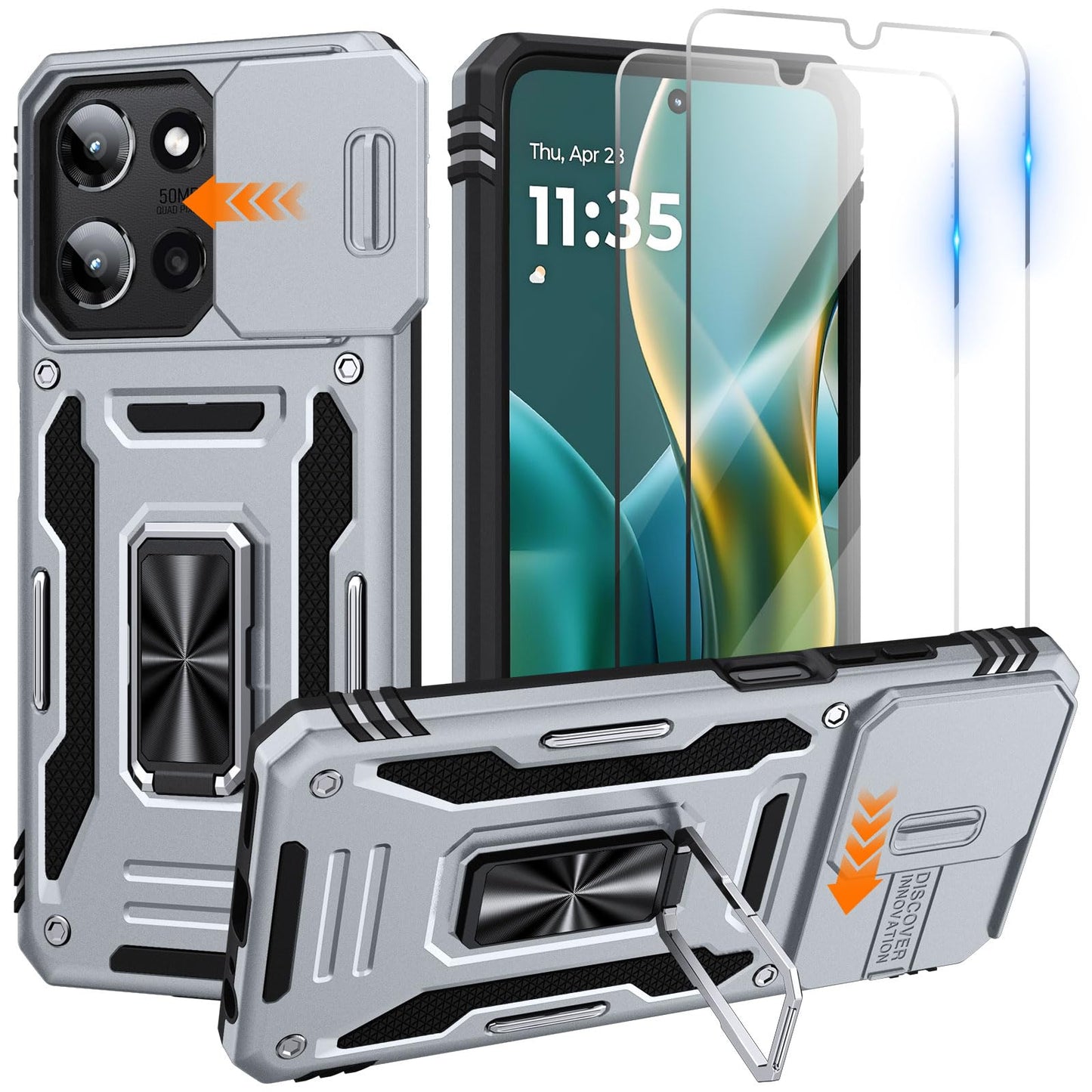 for Moto G Power 2025 Case/Moto G Power 2026 Case with 2 PCS HD Screen Protector, Slide Camera Cover Military Grade Drop Protection 360° Ring Holder Kickstand, Heavy Duty Shockproof, Black