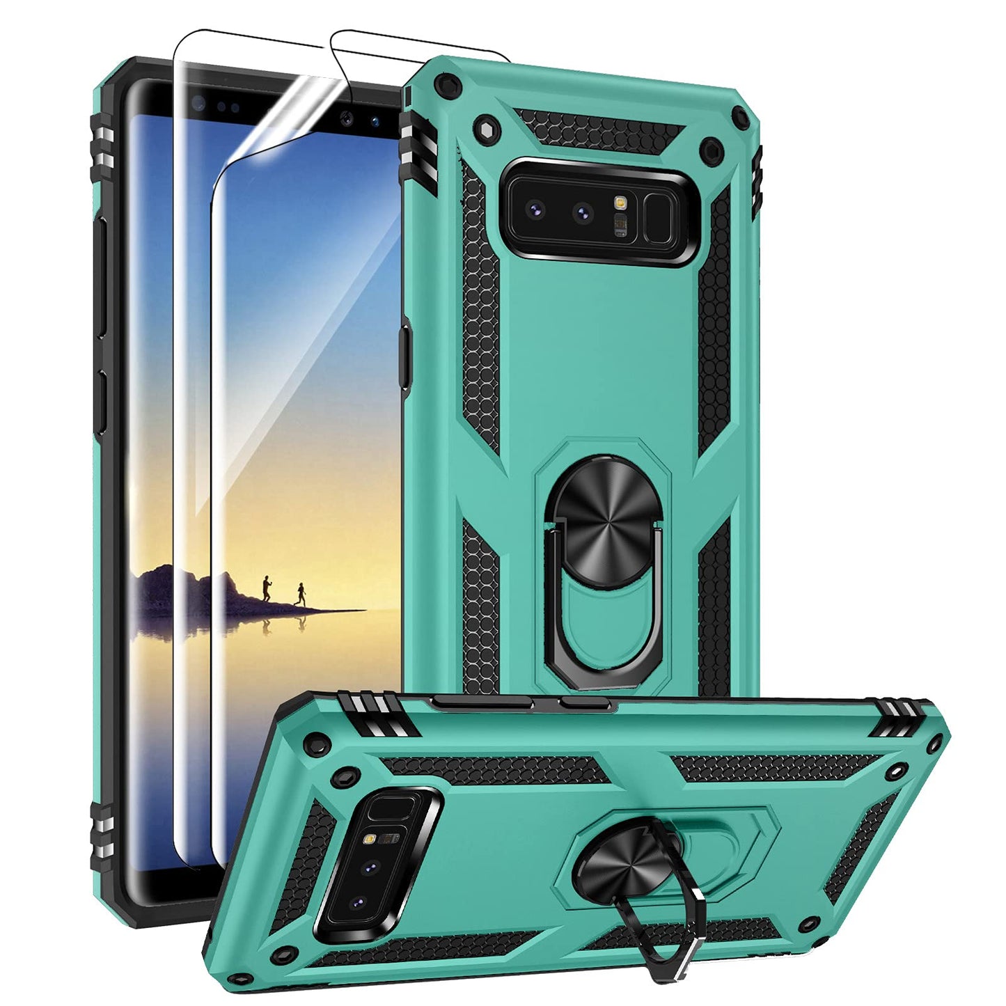 Androgate for Samsung Galaxy Note 8 Case with 3D PET Screen Protectors, Military-Grade Metal Ring Holder Kickstand 15ft Drop Tested Shockproof Cover Case for Samsung Galaxy Note 8 Black