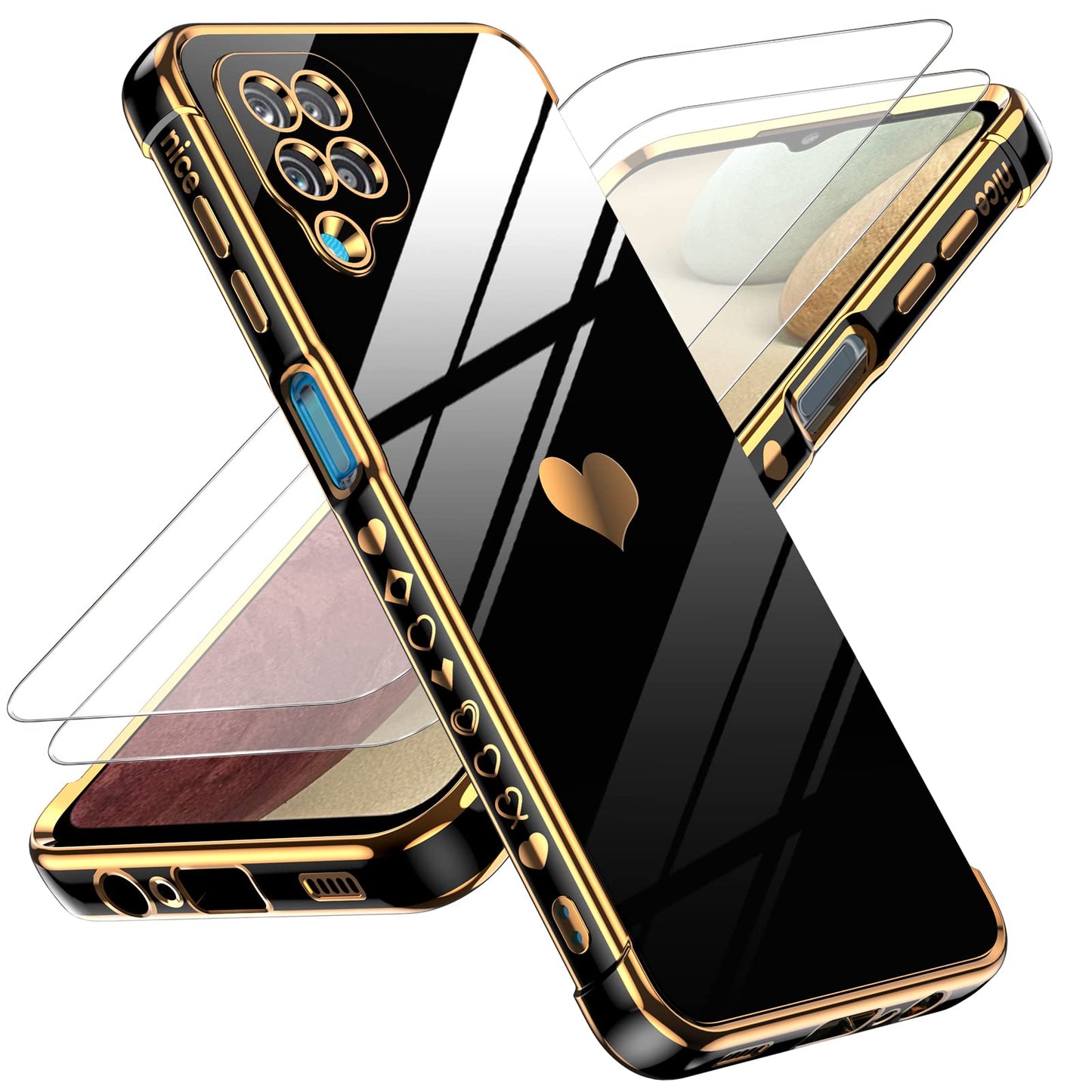 LeYi for Samsung Galaxy A25-5G Phone Case: with Tempered Glass Screen Protector [2 Pcs]+ Full Camera Lens Protection, Love Heart Plating Women Luxury Soft TPU Shockproof Case for Samsung A25 5G, Pink