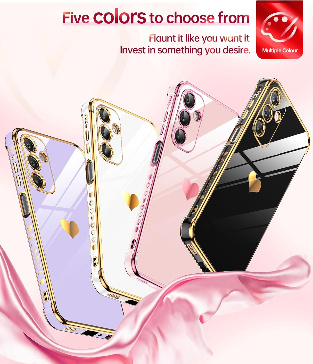 LeYi for Samsung Galaxy A25-5G Phone Case: with Tempered Glass Screen Protector [2 Pcs]+ Full Camera Lens Protection, Love Heart Plating Women Luxury Soft TPU Shockproof Case for Samsung A25 5G, Pink