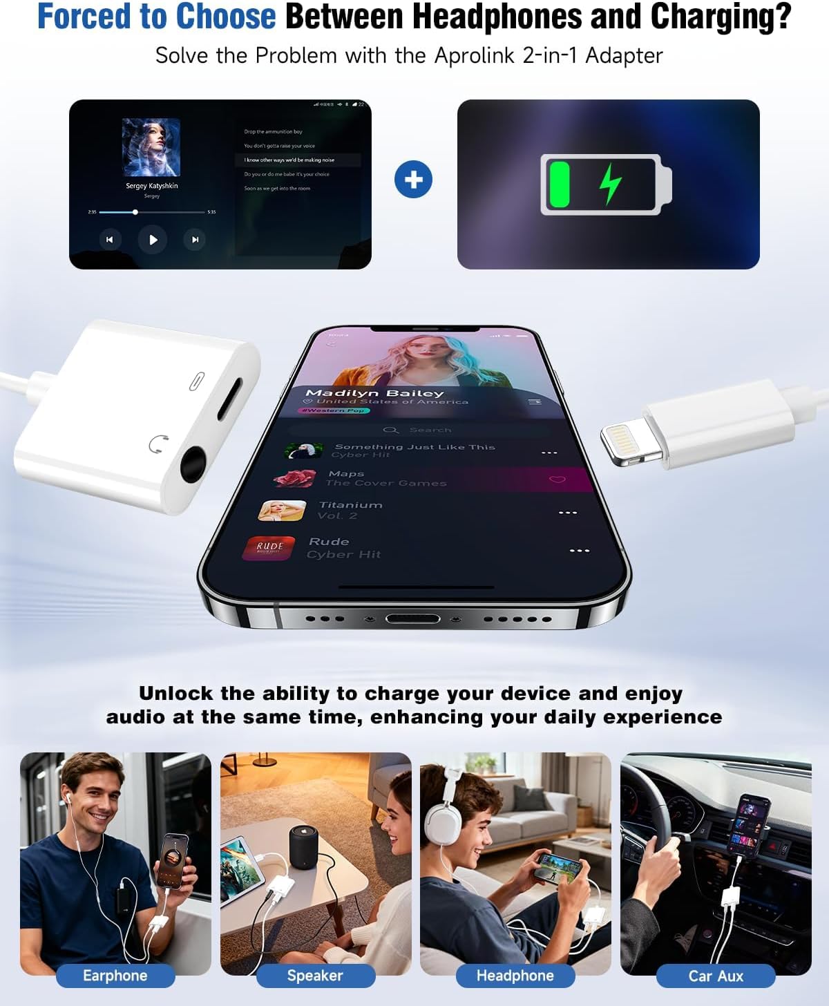 Apple MFi Certified 2-in-1 Lightning to 3.5mm Headphone Jack Adapter,Fast Charger&Aux Audio Splitter Dongle for iPhone-Car AUX,Home,Gym,Travel,Compatible with iPhone 14/13/12/11/XR/X/8/7,2Pack,White