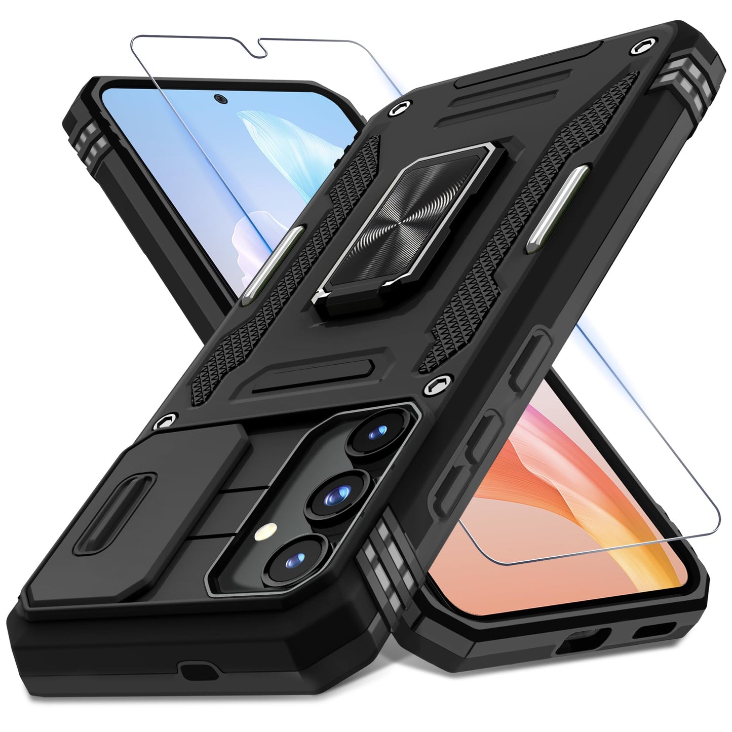 DEERLAMN Case for Samsung Galaxy S24 6.2-Inch with Slide Camera Cover+Screen Protector(1 Pack), Rotated Ring Kickstand Military Grade Shockproof Protective Cover-Black