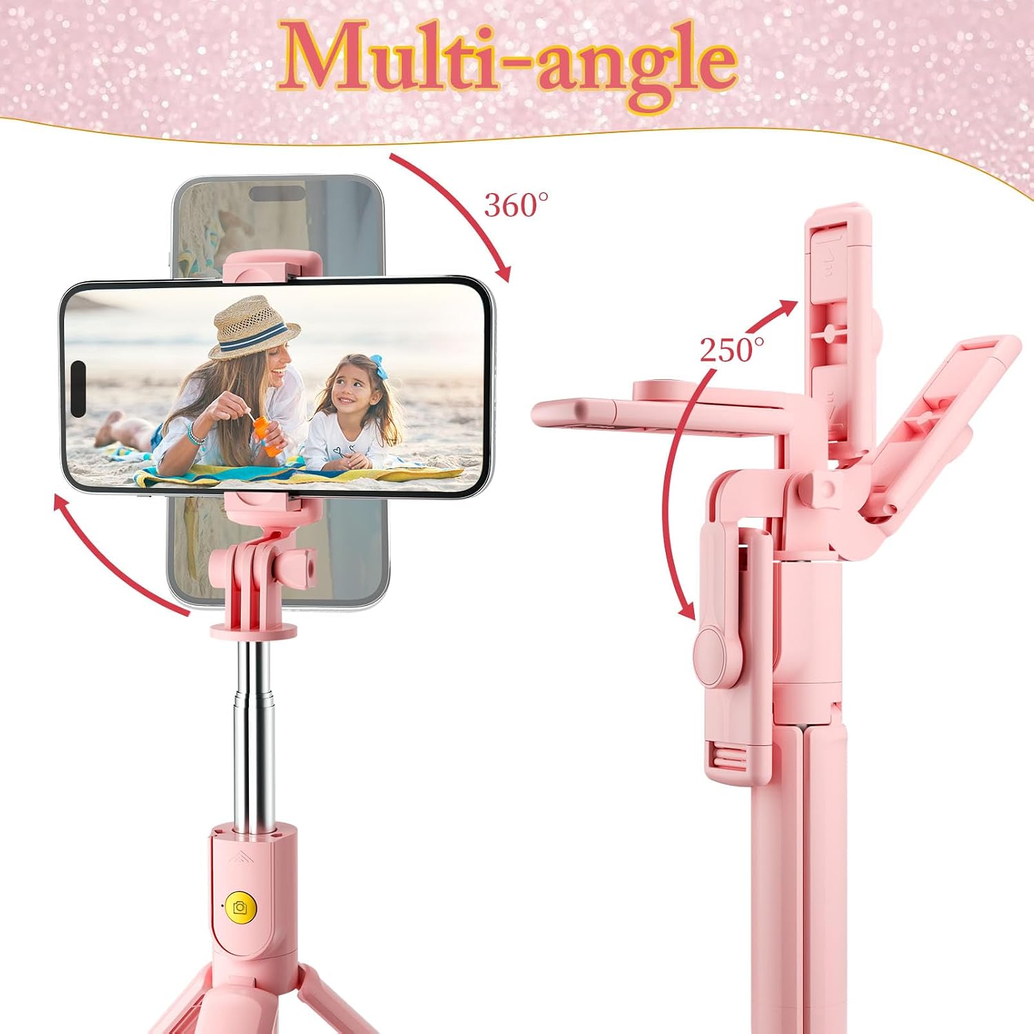 Pink Selfie Stick Tripod, with Wireless Remote Control, Live Streaming and Video Recording, Compatible with Android, iPhone and More