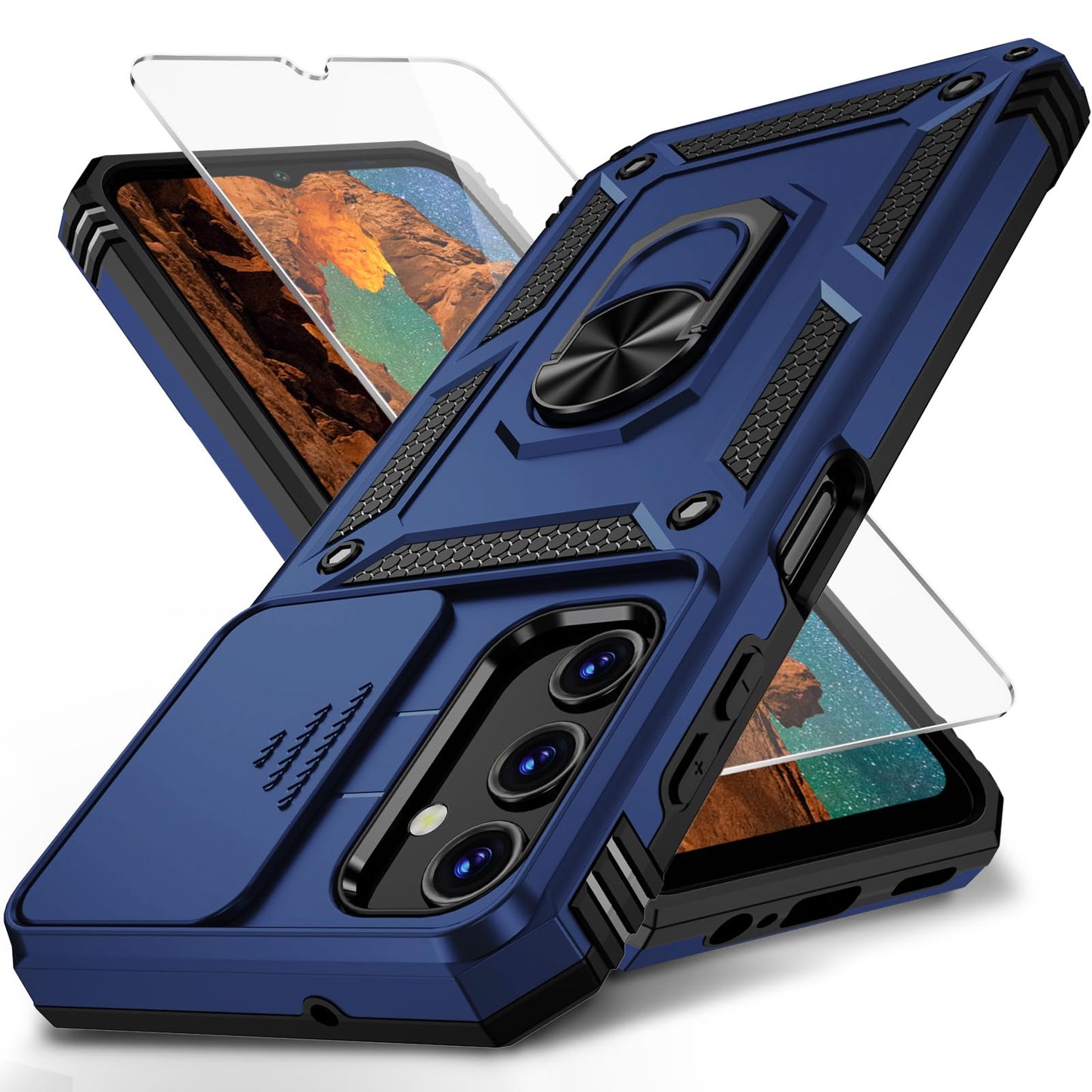 for Samsung Galaxy A25 5G Case with Camera Lens Cover, HD Screen Protector, 10 FT Military Grade Drop Protection, Magnetic Ring Holder Kickstand Protective Phone Case for Galaxy A25 5G,Black